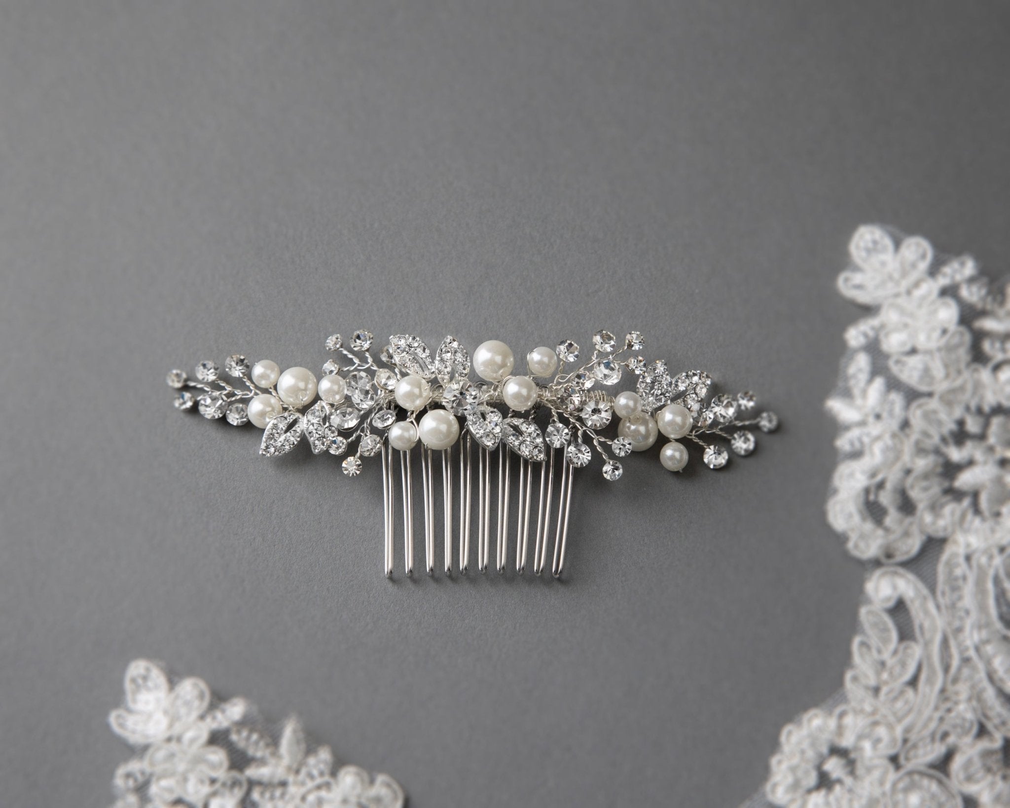 Ivory Pearl and Crystal Leaves Narrow Hair Comb - Hair Comb - Cassandra Lynne