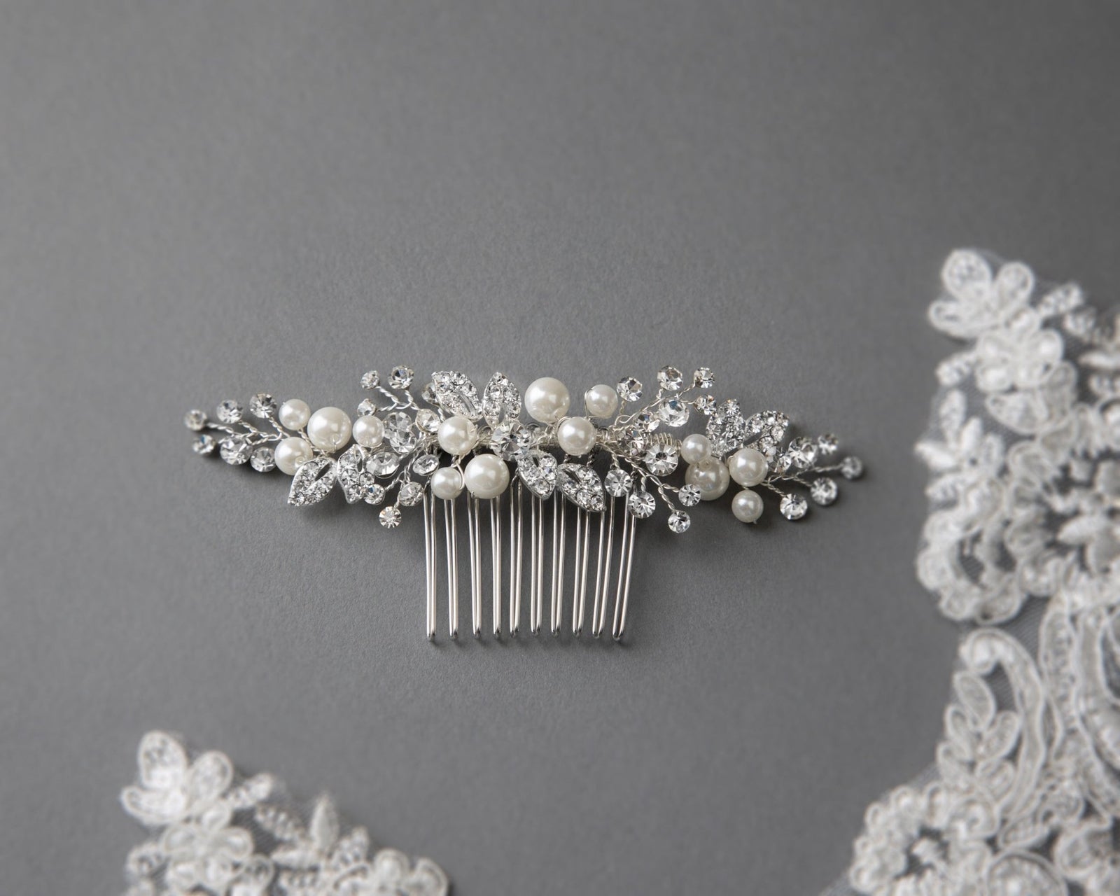 Ivory Pearl and Crystal Leaves Narrow Hair Comb - Hair Comb - Cassandra Lynne