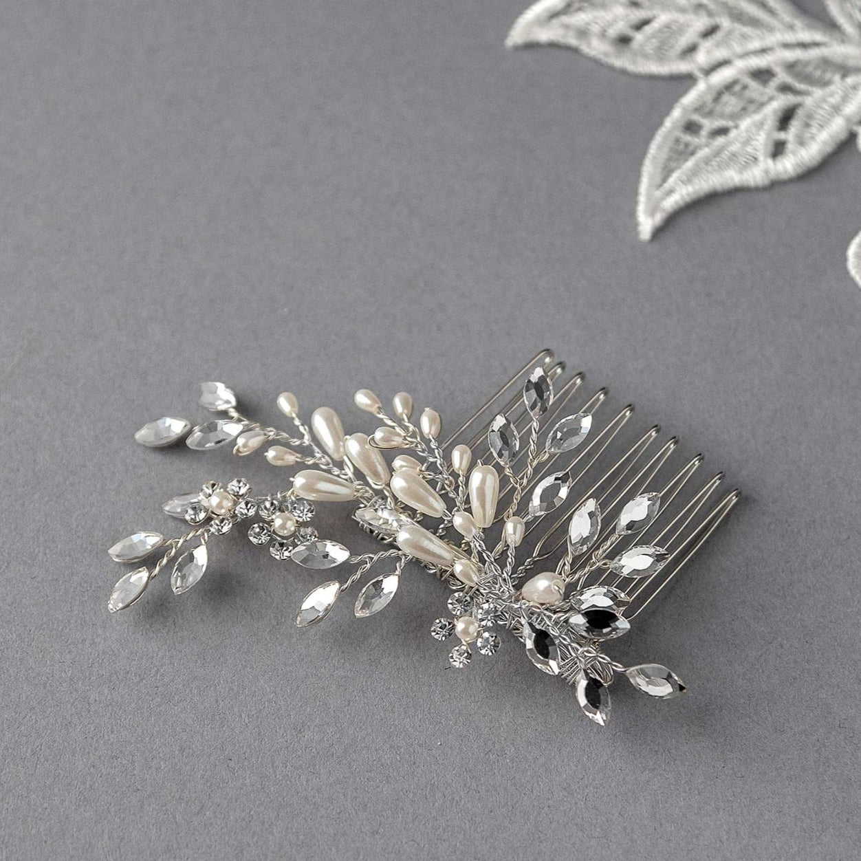 Ivory Pearl Wedding Hair Comb with Marquise Rhinestone - Hair Comb - Cassandra Lynne