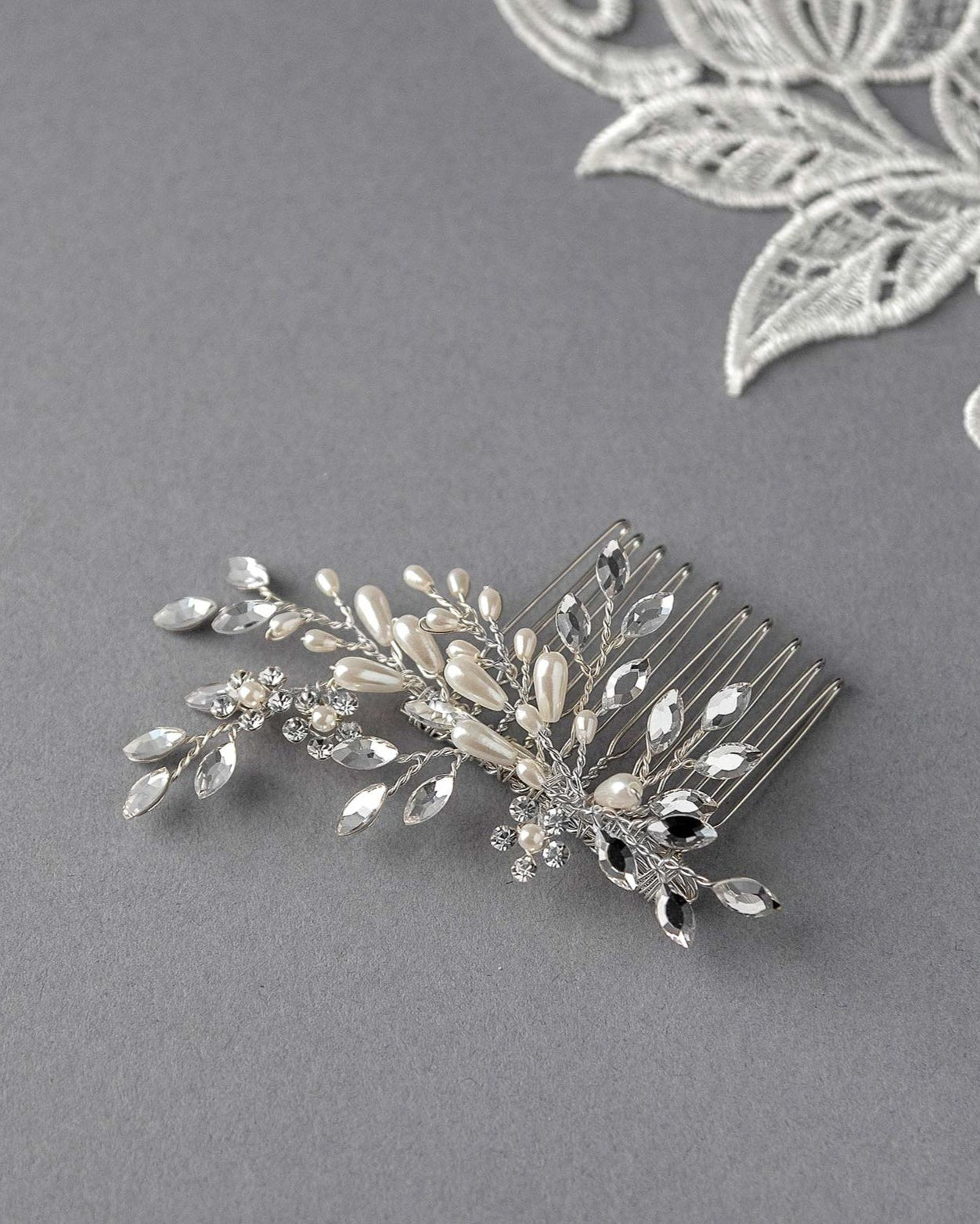 Ivory Pearl Wedding Hair Comb with Marquise Rhinestone - Hair Comb - Cassandra Lynne