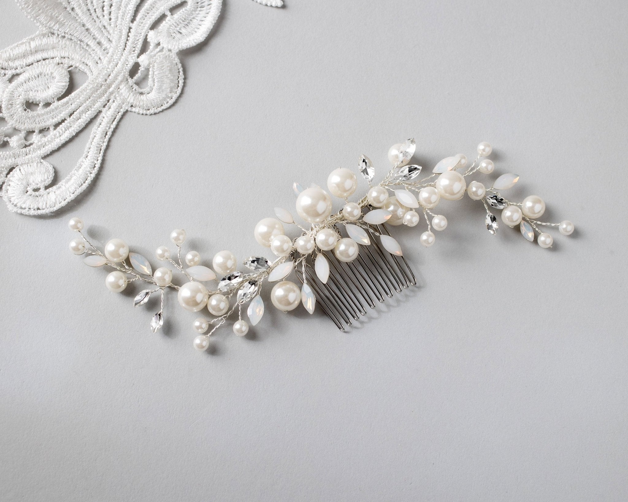 Ivory Pearls and Opal Bridal Comb - Hair Comb - Cassandra Lynne