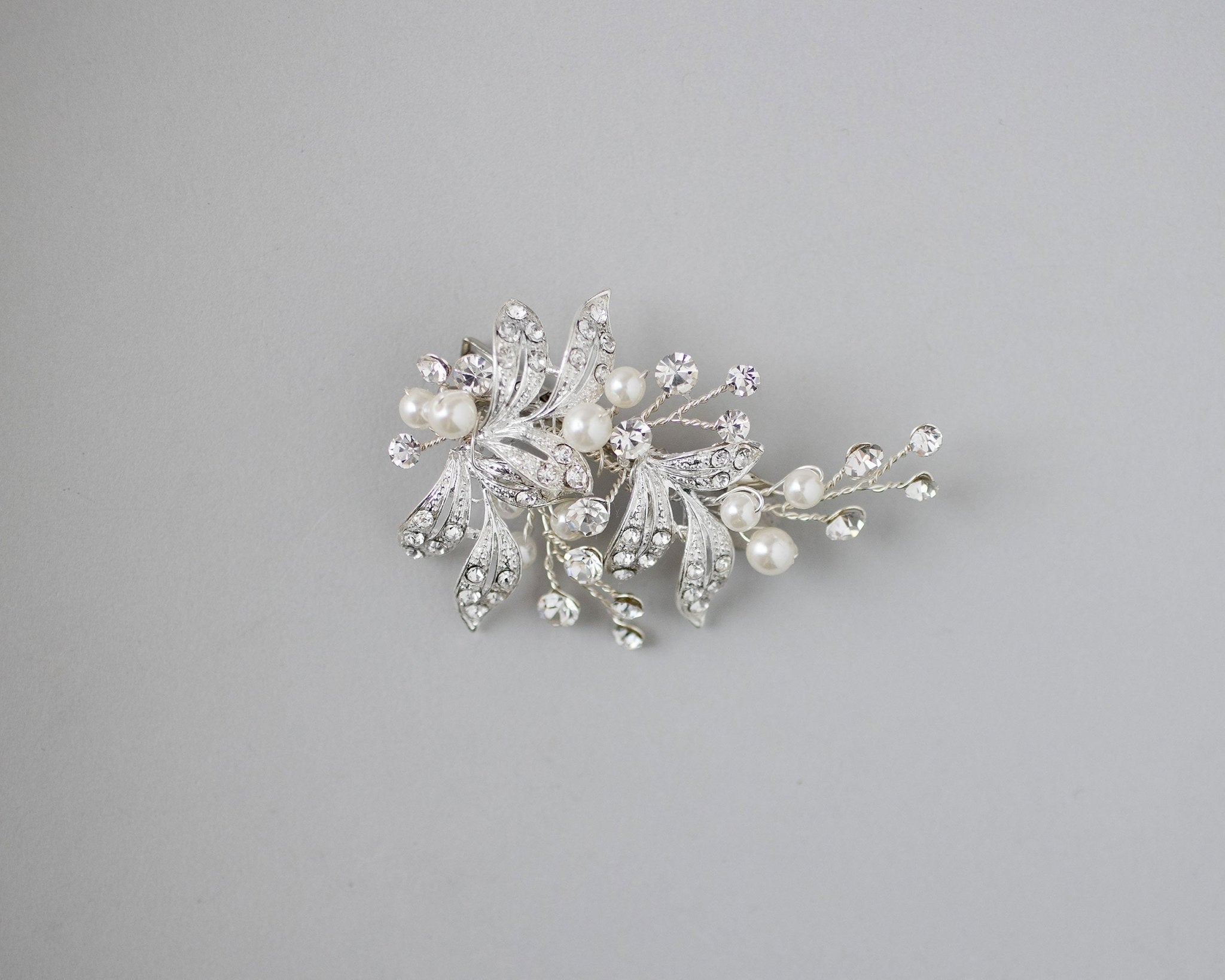 Ivory Pearls and Silver Leaves Mini Clip - Hair Clips - Cassandra Lynne