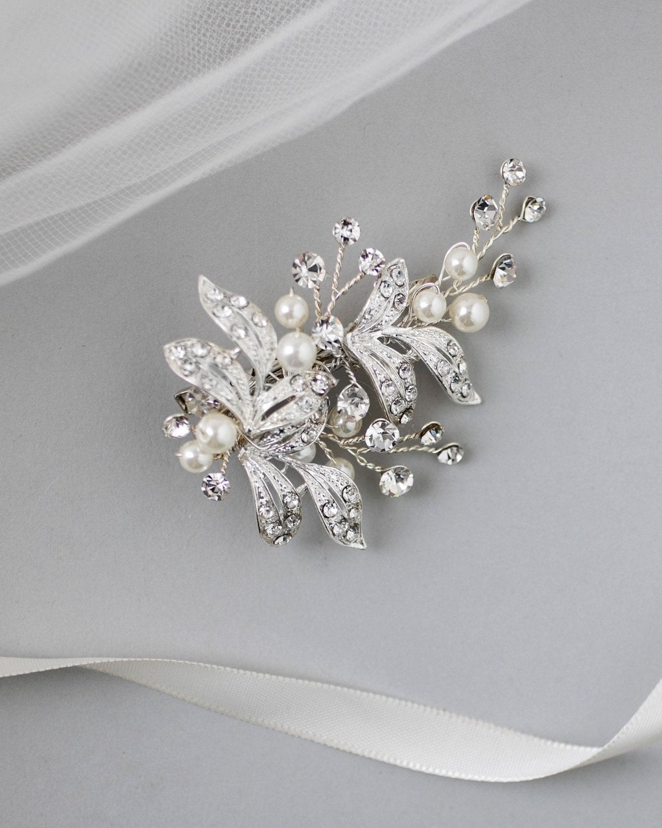 Ivory Pearls and Silver Leaves Mini Clip - Hair Clips - Cassandra Lynne