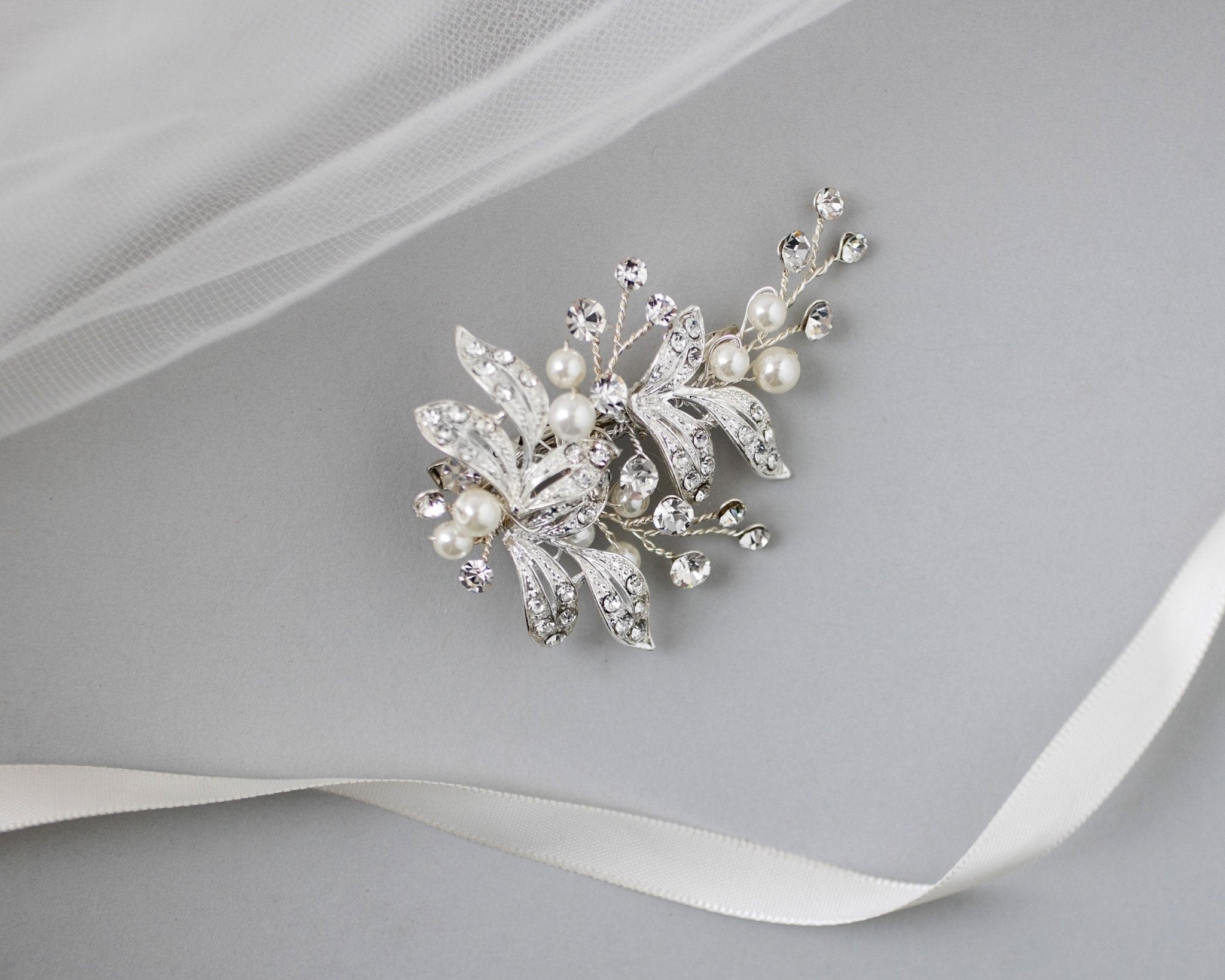 Ivory Pearls and Silver Leaves Mini Clip - Hair Clips - Cassandra Lynne