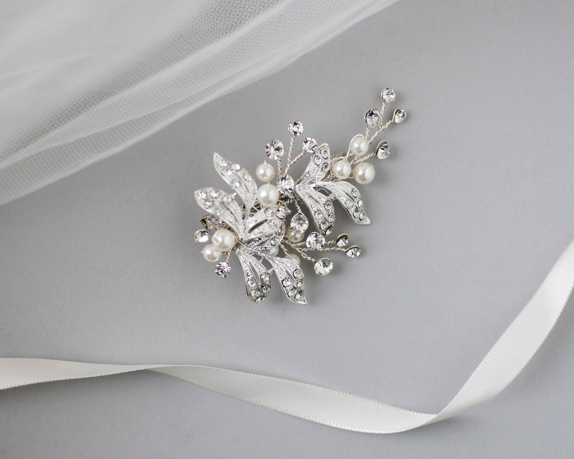 Ivory Pearls and Silver Leaves Mini Clip - Hair Clips - Cassandra Lynne