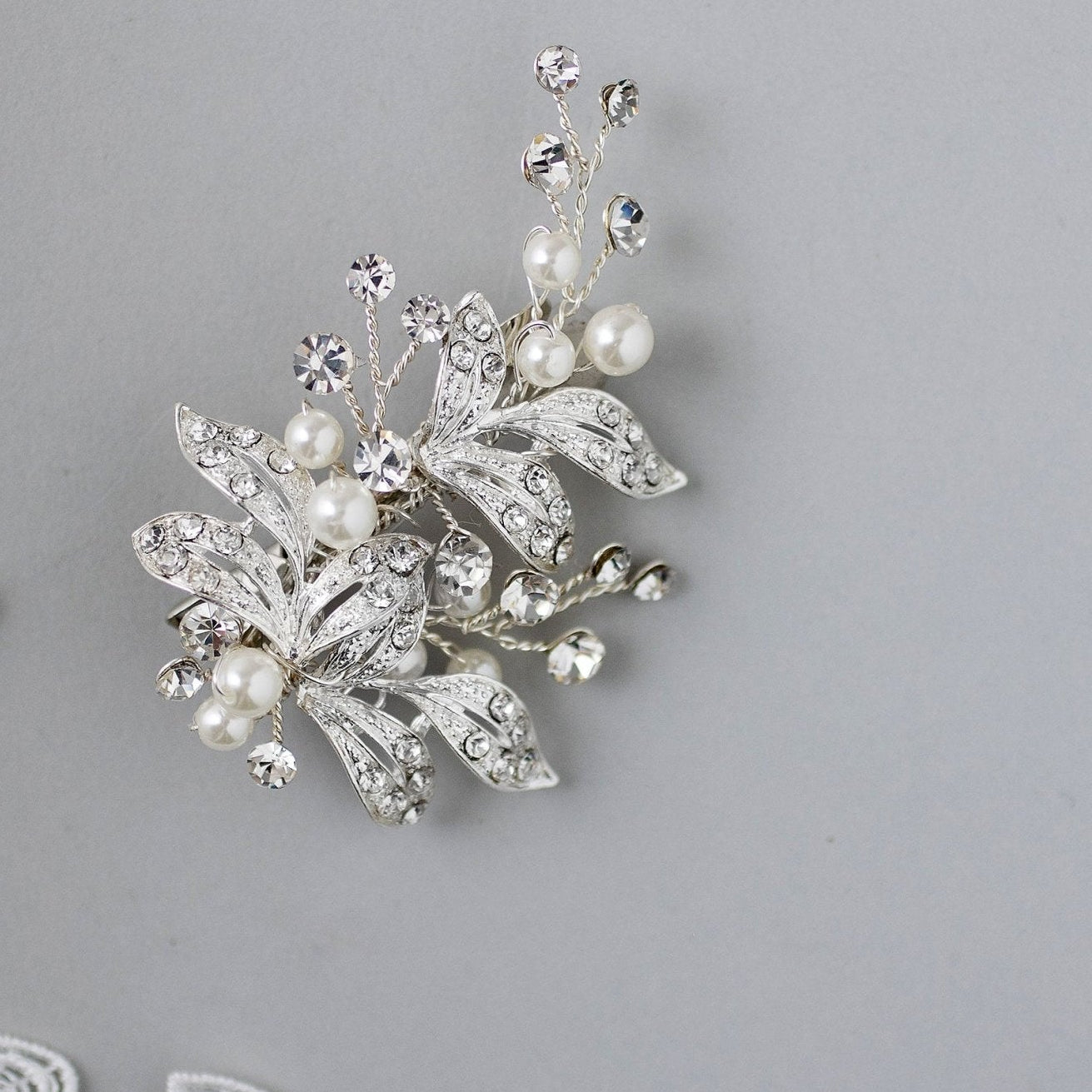 Ivory Pearls and Silver Leaves Mini Clip - Hair Clips - Cassandra Lynne