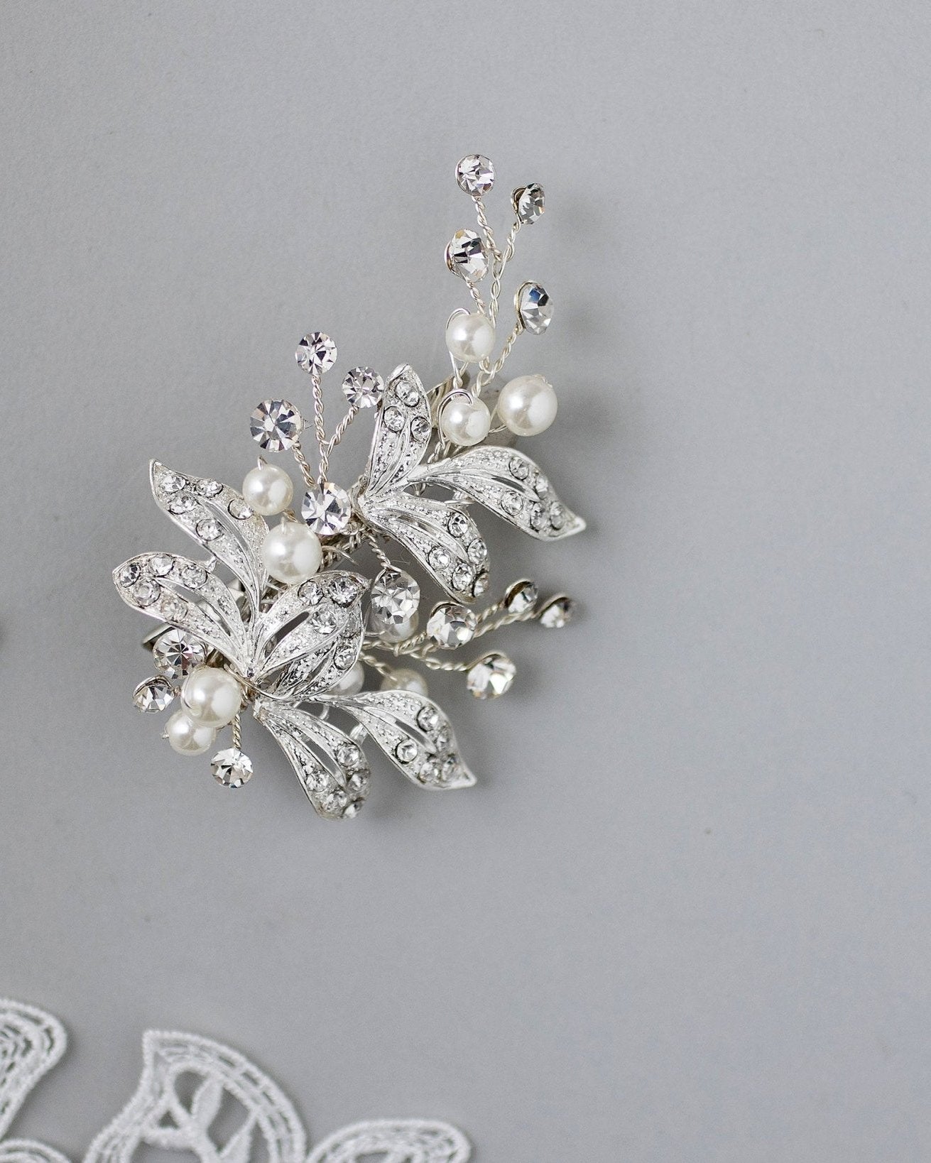 Ivory Pearls and Silver Leaves Mini Clip - Hair Clips - Cassandra Lynne