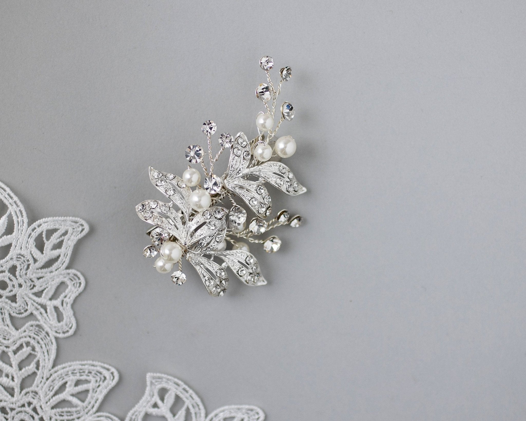 Ivory Pearls and Silver Leaves Mini Clip - Hair Clips - Cassandra Lynne