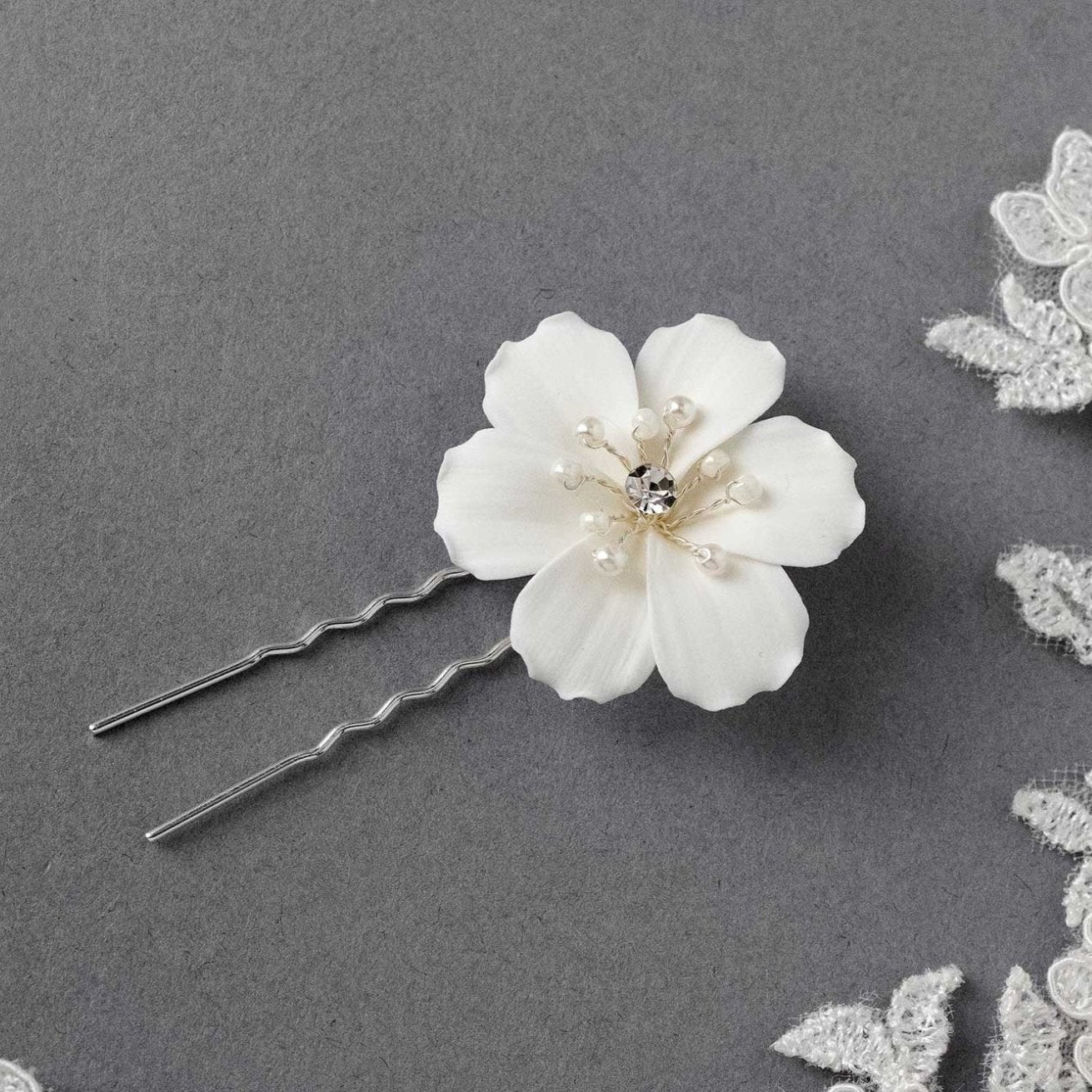 Ivory Porcelain Flower Pearl Hair Pin - Hair Pins - Cassandra Lynne