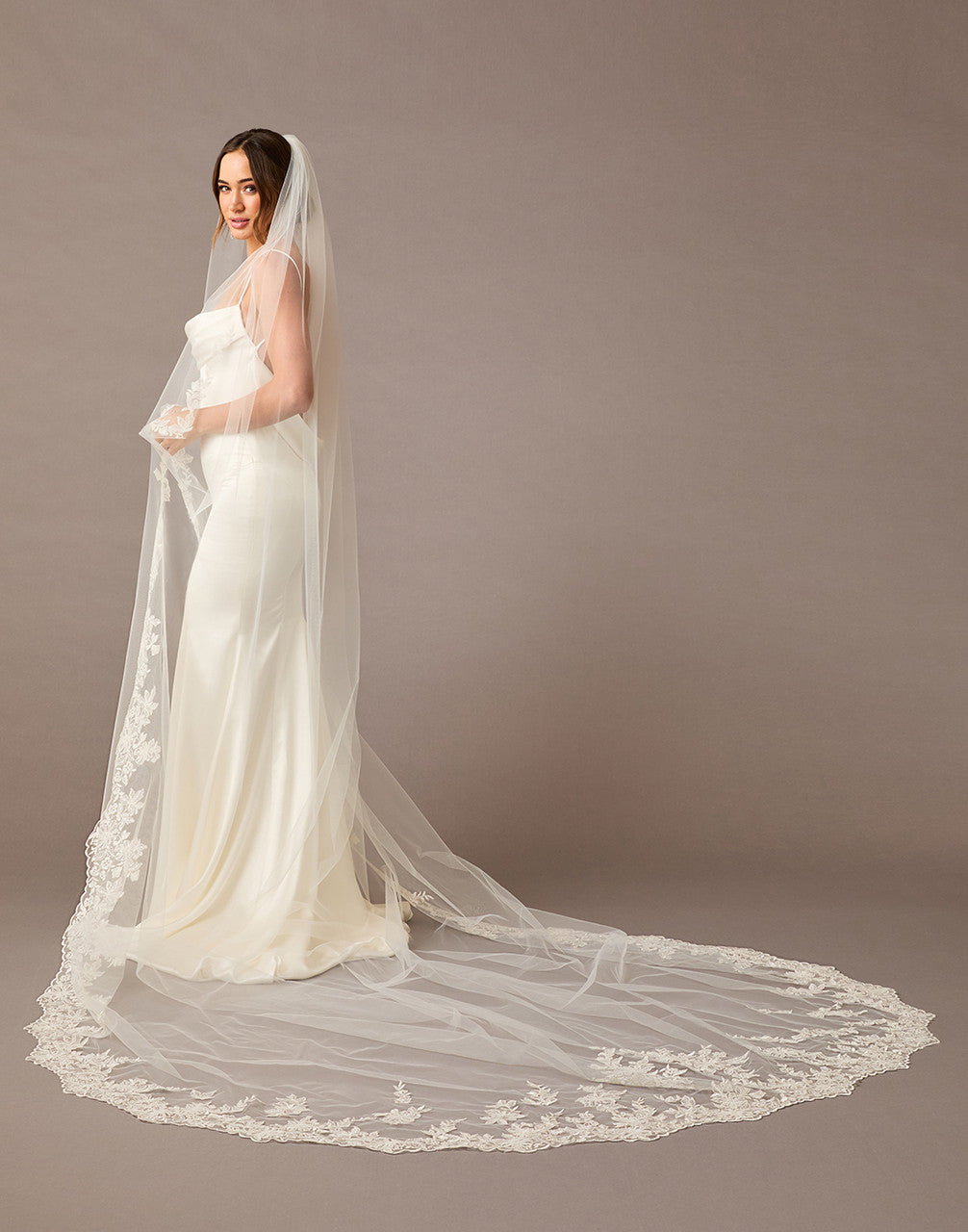 Delicate Floral Applique with Reverse Scallop Edge Cathedral Veil - Cassandra Lynne