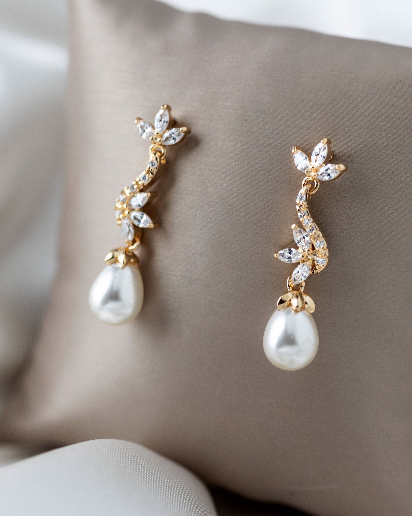 Ivory Teardrop Pearl CZ Vine Earrings - Earrings - Cassandra Lynne