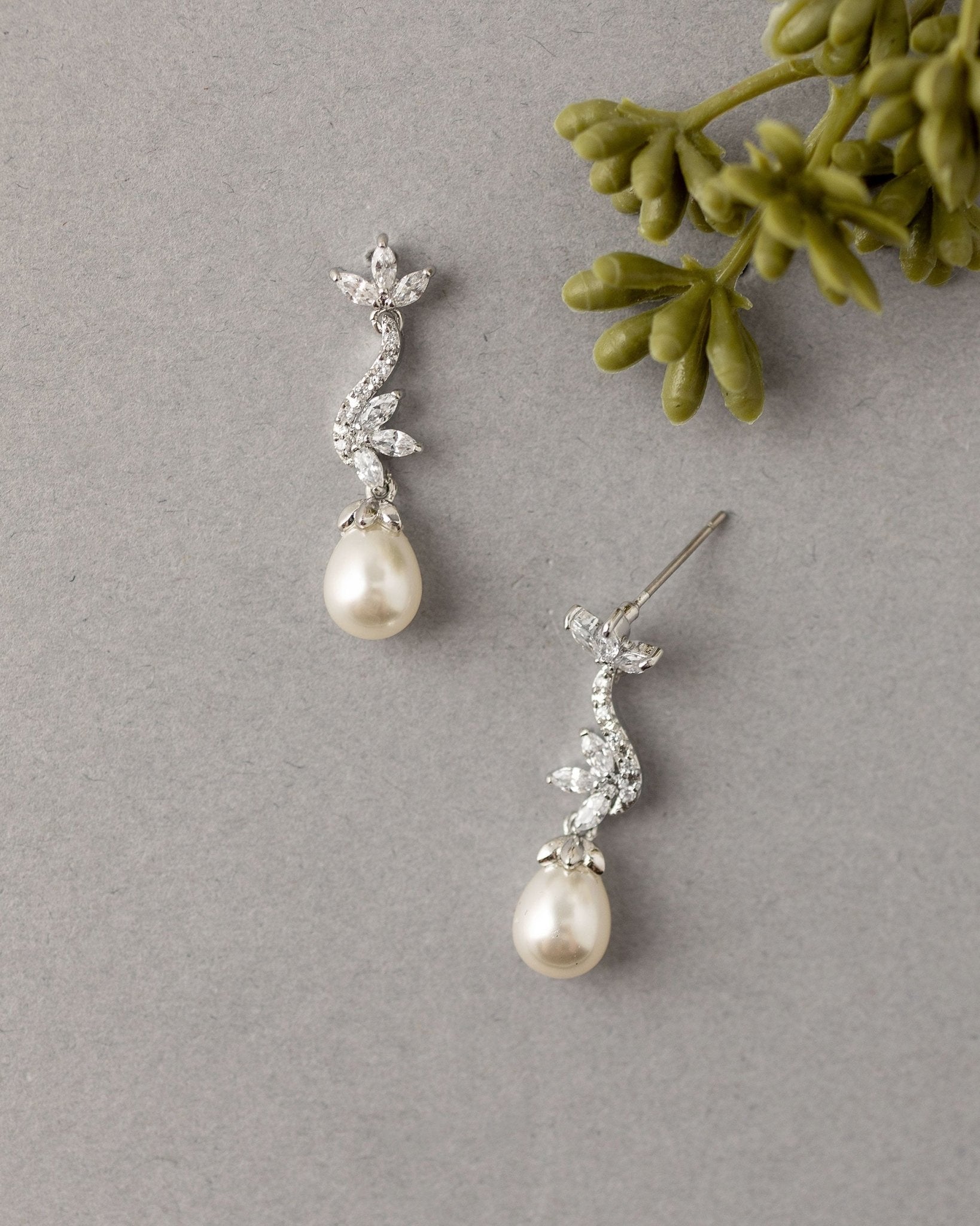 Ivory Teardrop Pearl CZ Vine Earrings - Earrings - Cassandra Lynne