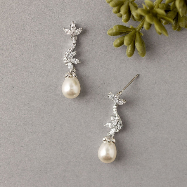 Ivory Teardrop Pearl CZ Vine Earrings - Earrings - Cassandra Lynne