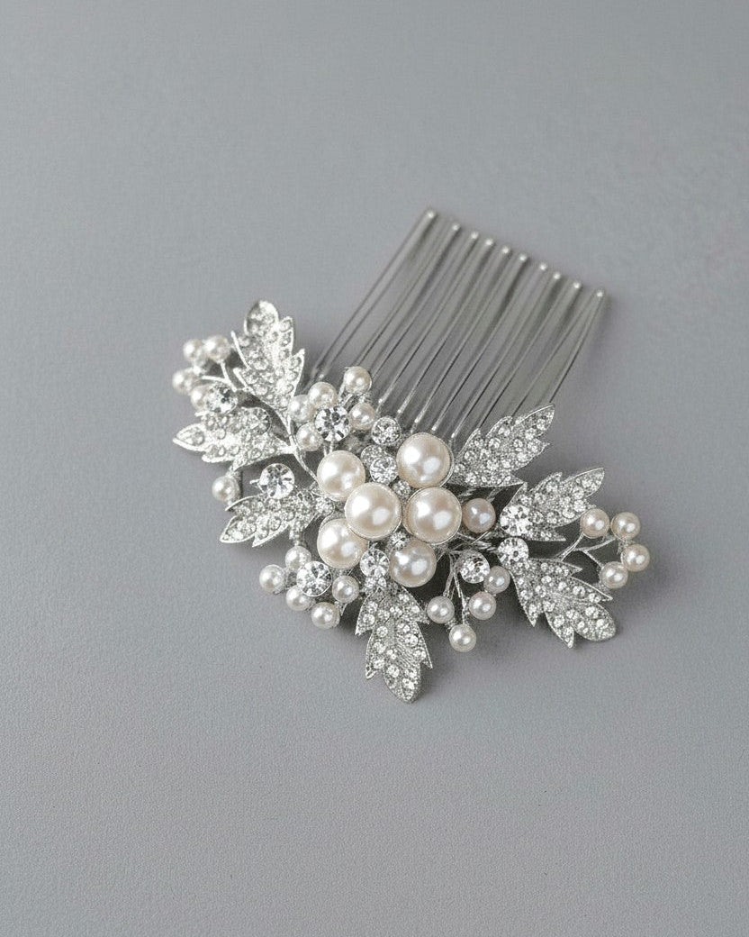 Silver hair comb with pearls and crystals Wedding - Cassandra Lynne