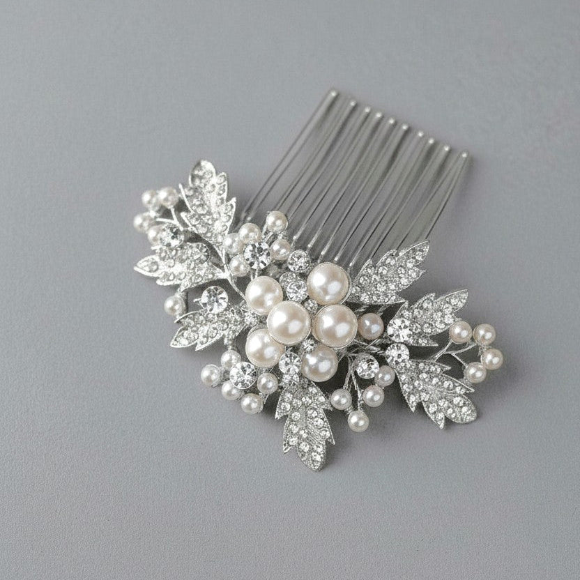 Silver hair comb with pearls and crystals Wedding - Cassandra Lynne