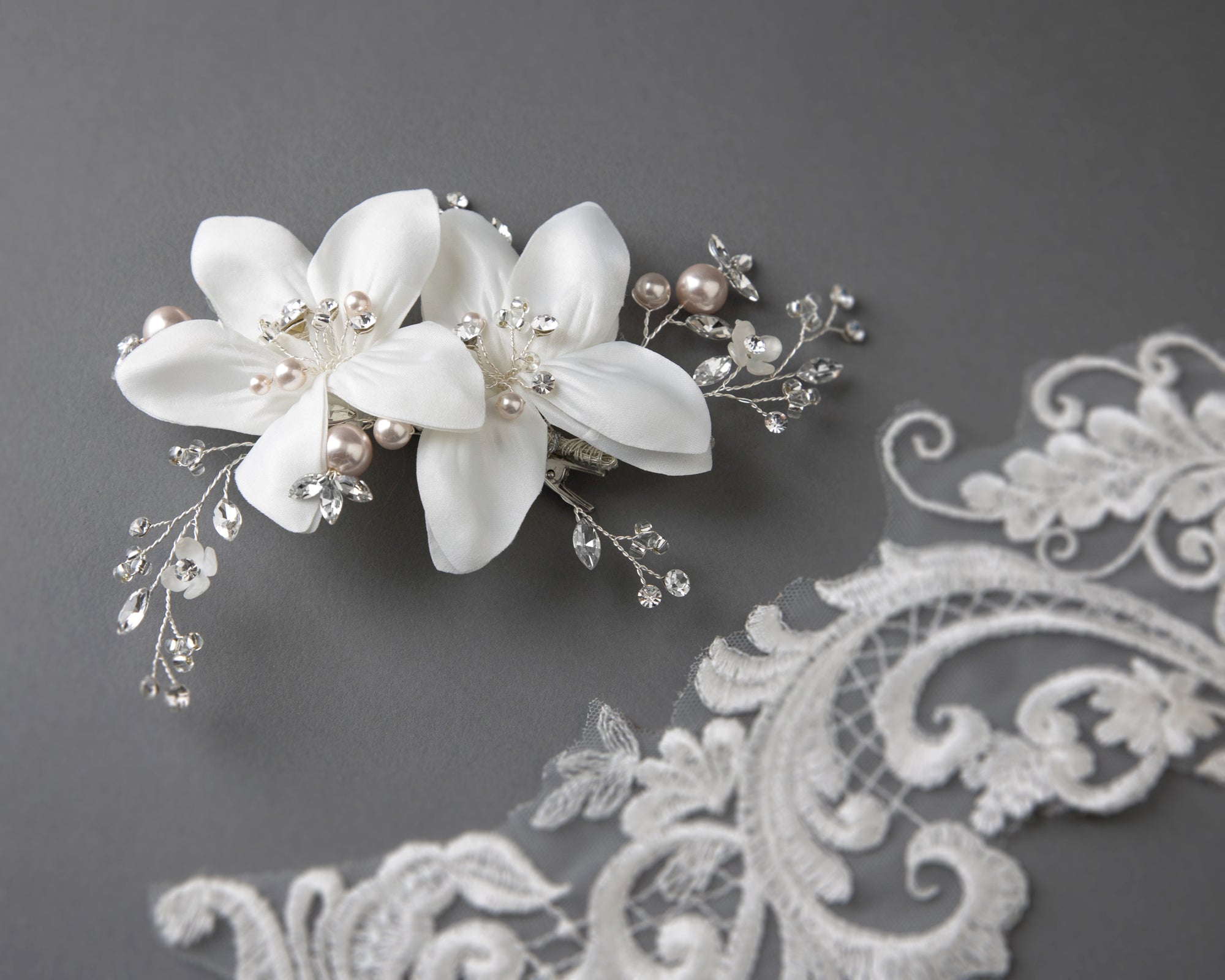 Ivory Wedding Hair Flower with Light Blush Pearls - Cassandra Lynne