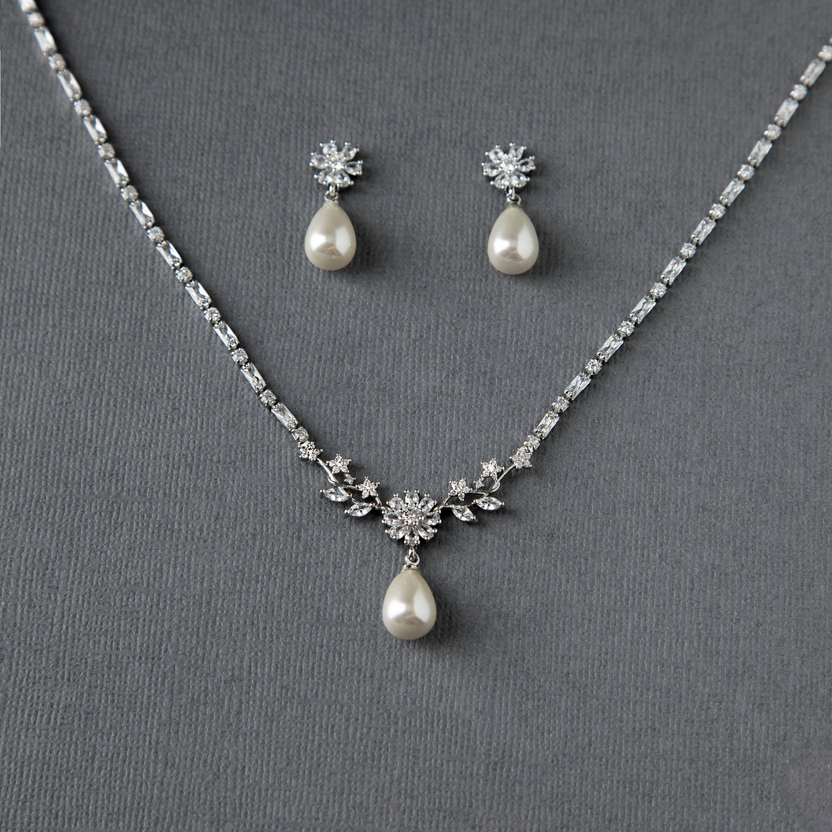 Baguette CZ Necklace Set with Ivory Teardrop Pearls
