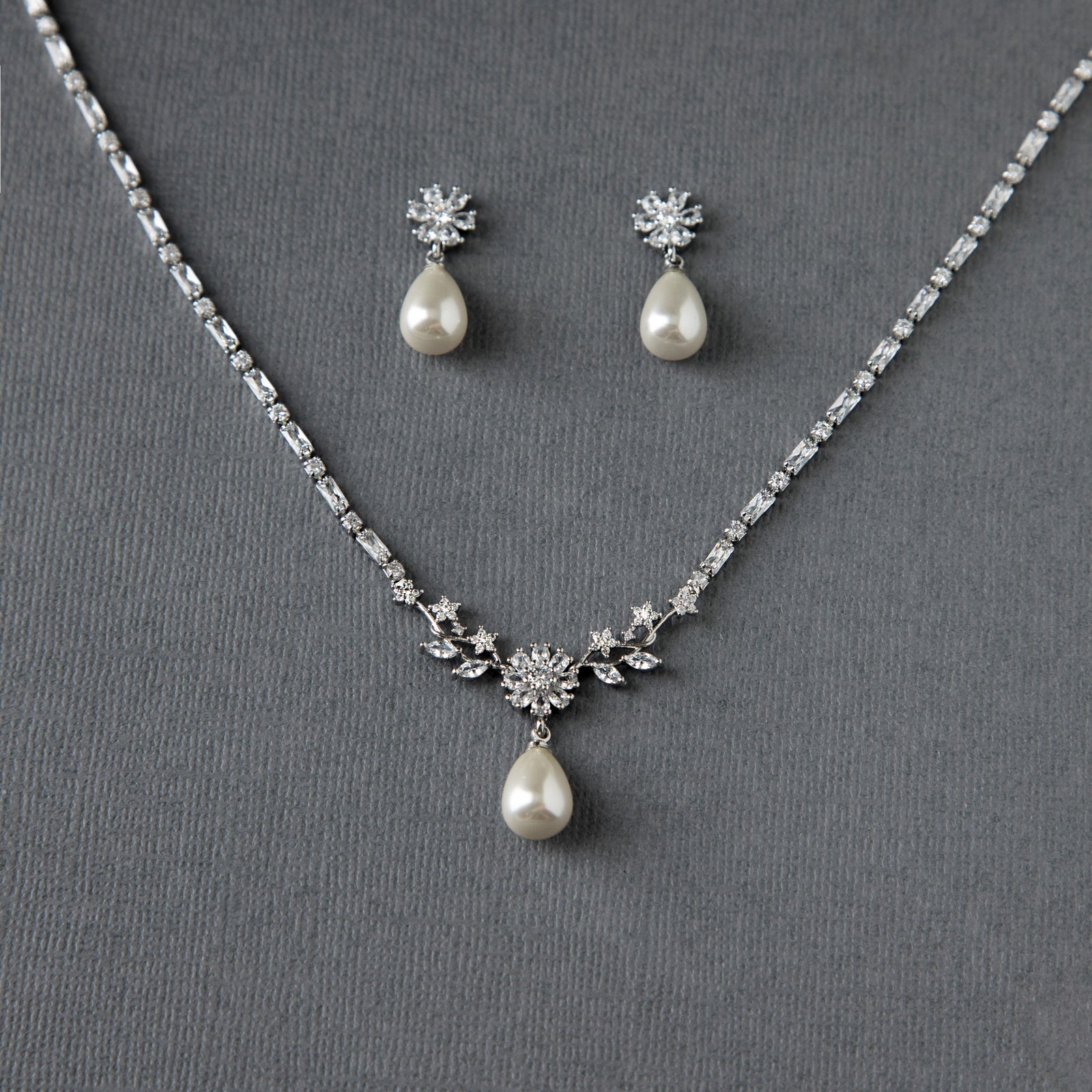 Baguette CZ Necklace Set with Ivory Teardrop Pearls - Cassandra Lynne