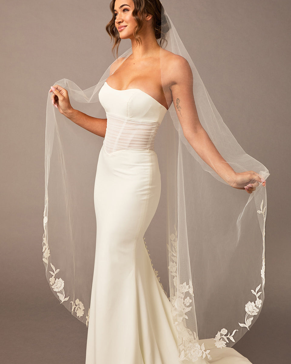 white veil with ivory dress Cathedral Mantilla Lace Edge or Bridal Veil Style 1 with Comb or further back. Pay close attention to whether
