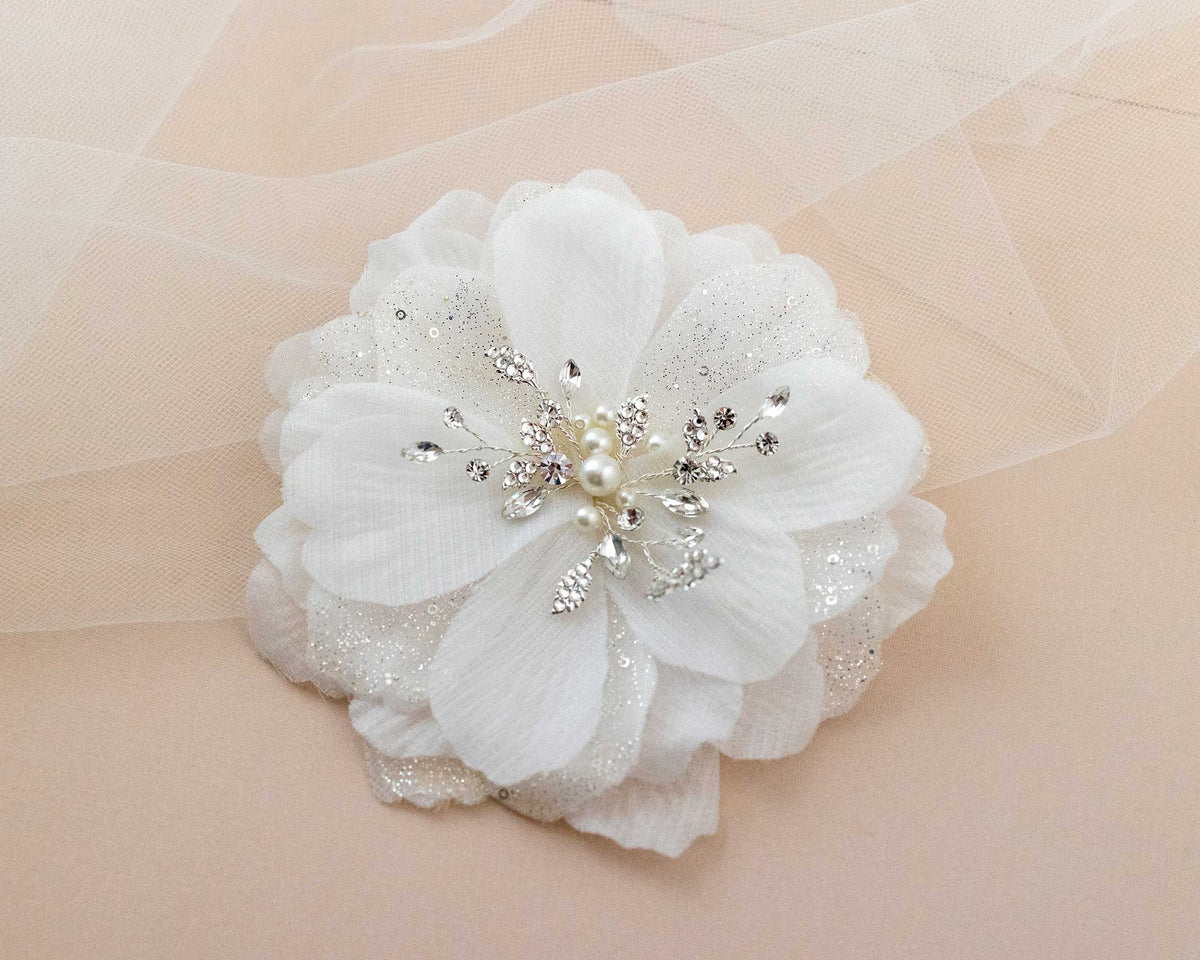 Large Bridal Hair Flower with Pearl Center