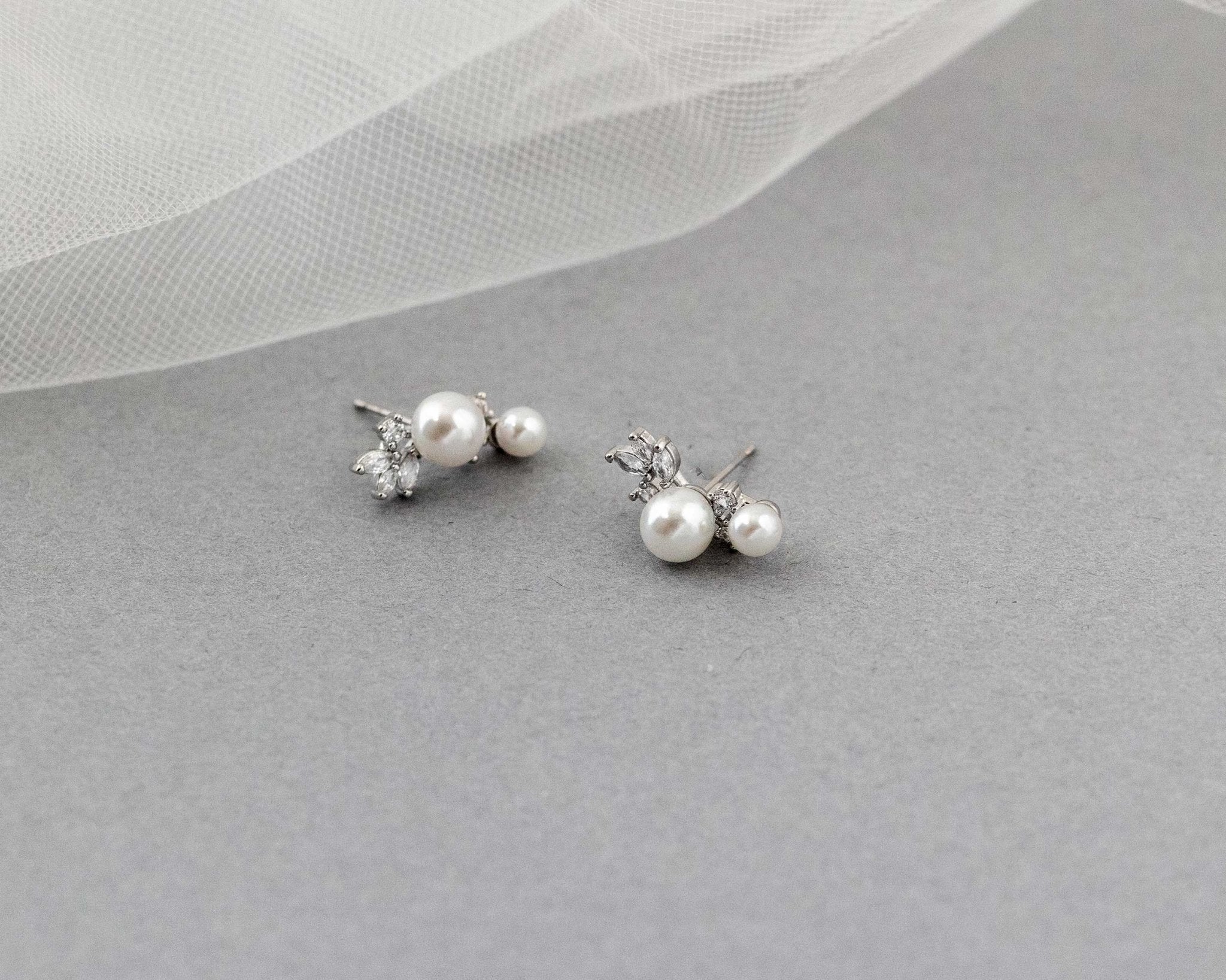 Leaf and Pearl CZ Stud Earrings - Earrings - Cassandra Lynne