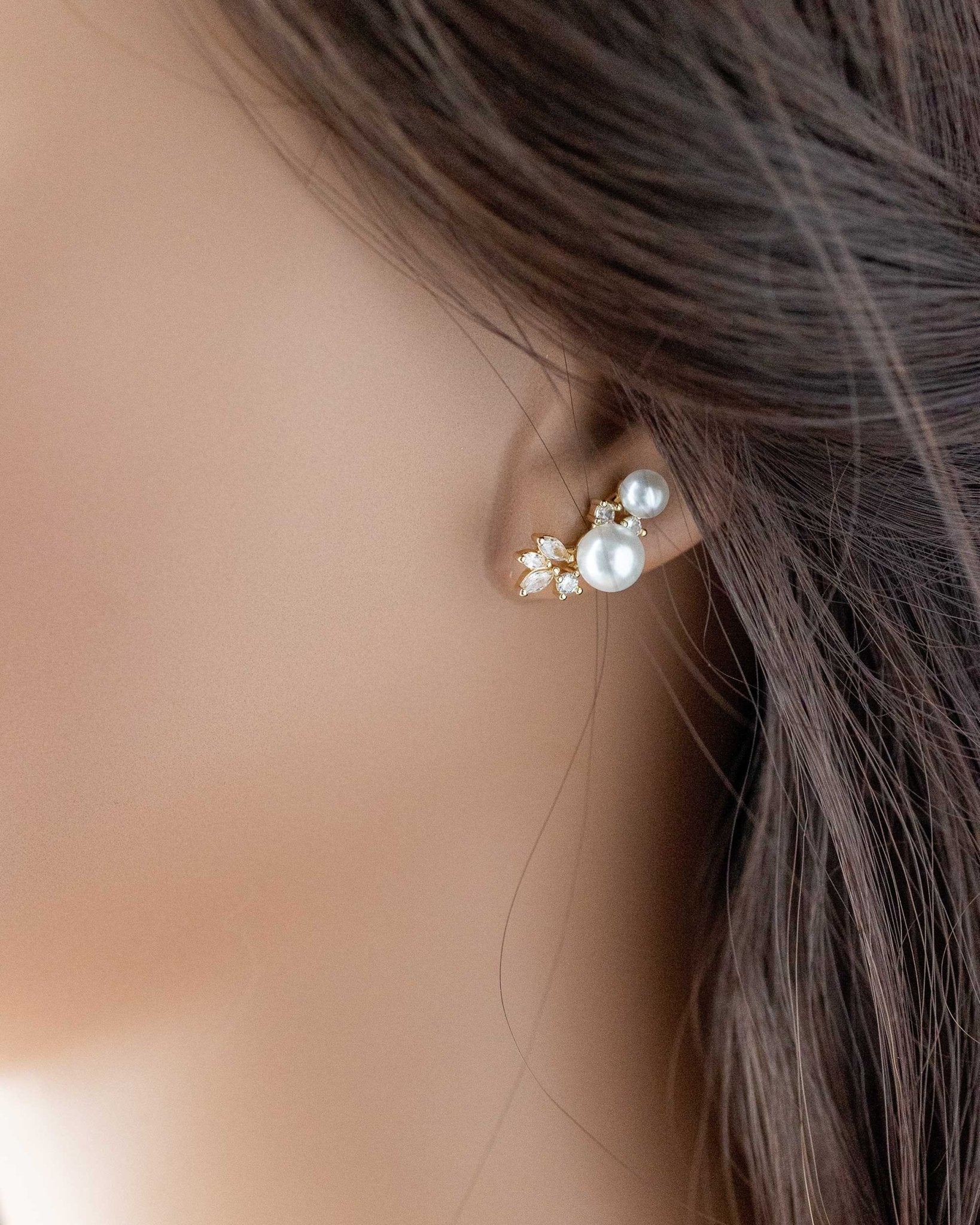 Leaf and Pearl CZ Stud Earrings - Earrings - Cassandra Lynne