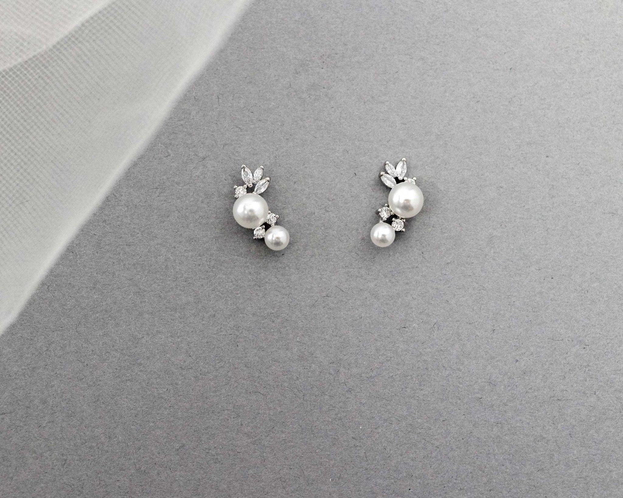 Leaf and Pearl CZ Stud Earrings - Earrings - Cassandra Lynne