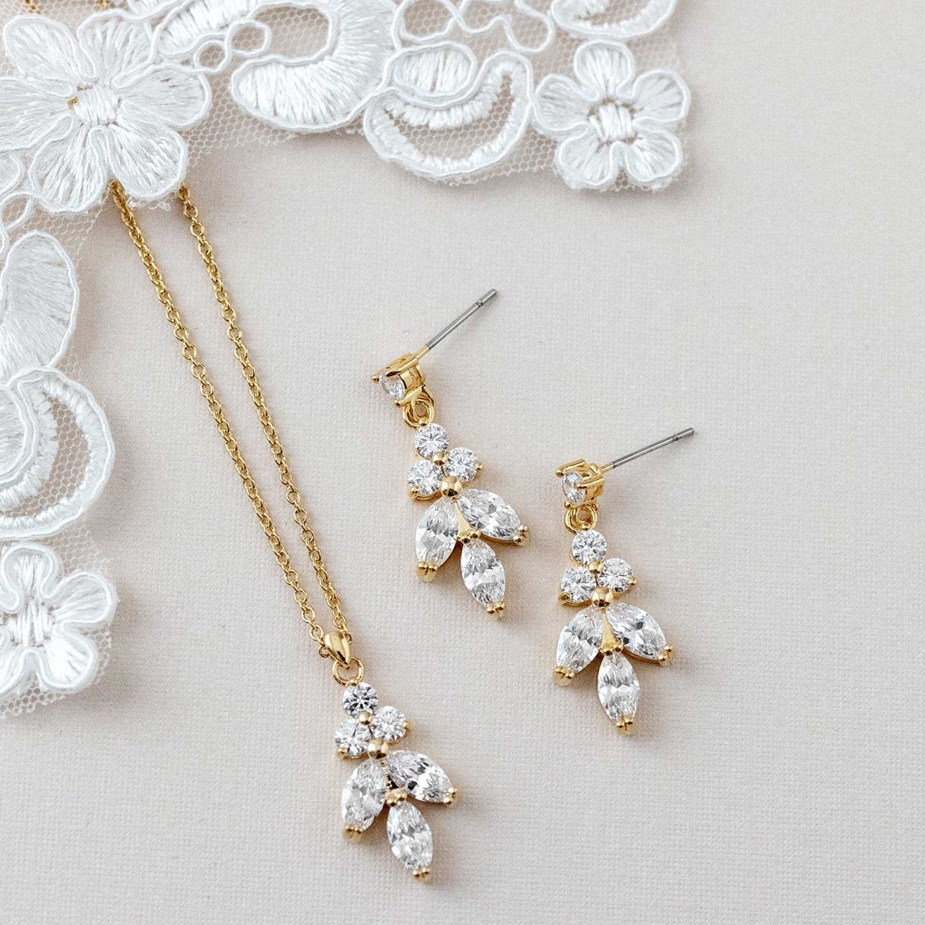 Leaf CZ Pendant Necklace Set - Necklace Set - Cassandra Lynne