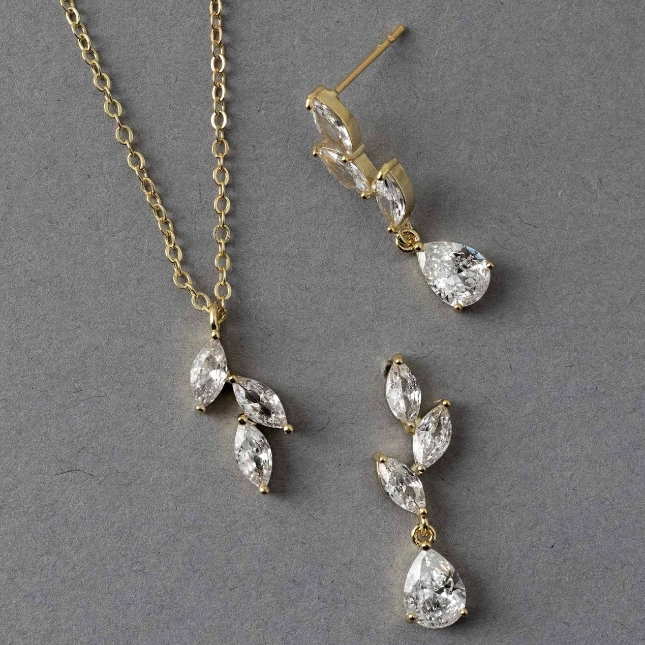 Leaf Pear Drop CZ Pendant & Earrings - Earrings - Cassandra Lynne