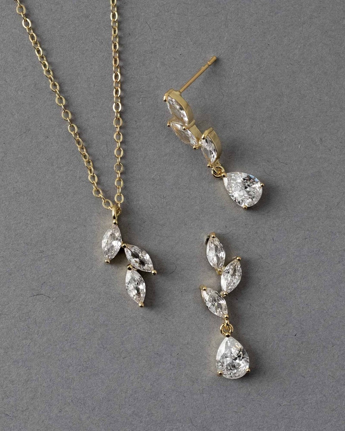 Leaf Pear Drop CZ Pendant & Earrings - Earrings - Cassandra Lynne