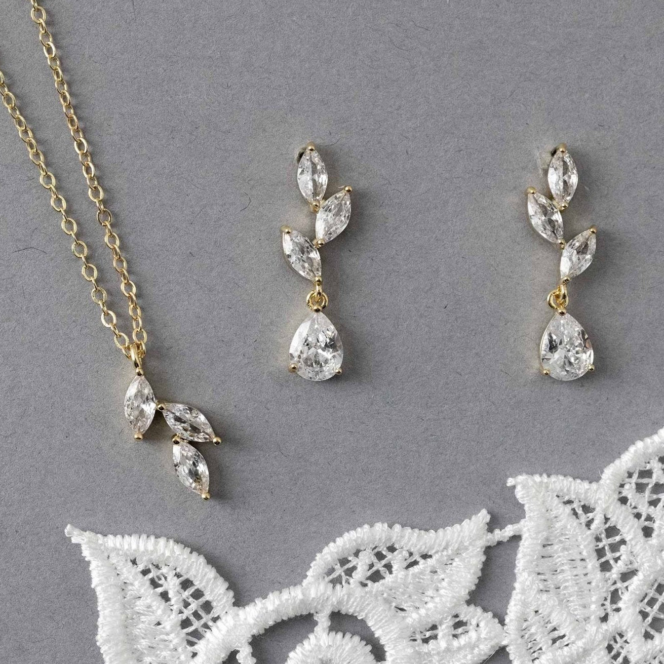 Leaf Pear Drop CZ Pendant & Earrings - Earrings - Cassandra Lynne
