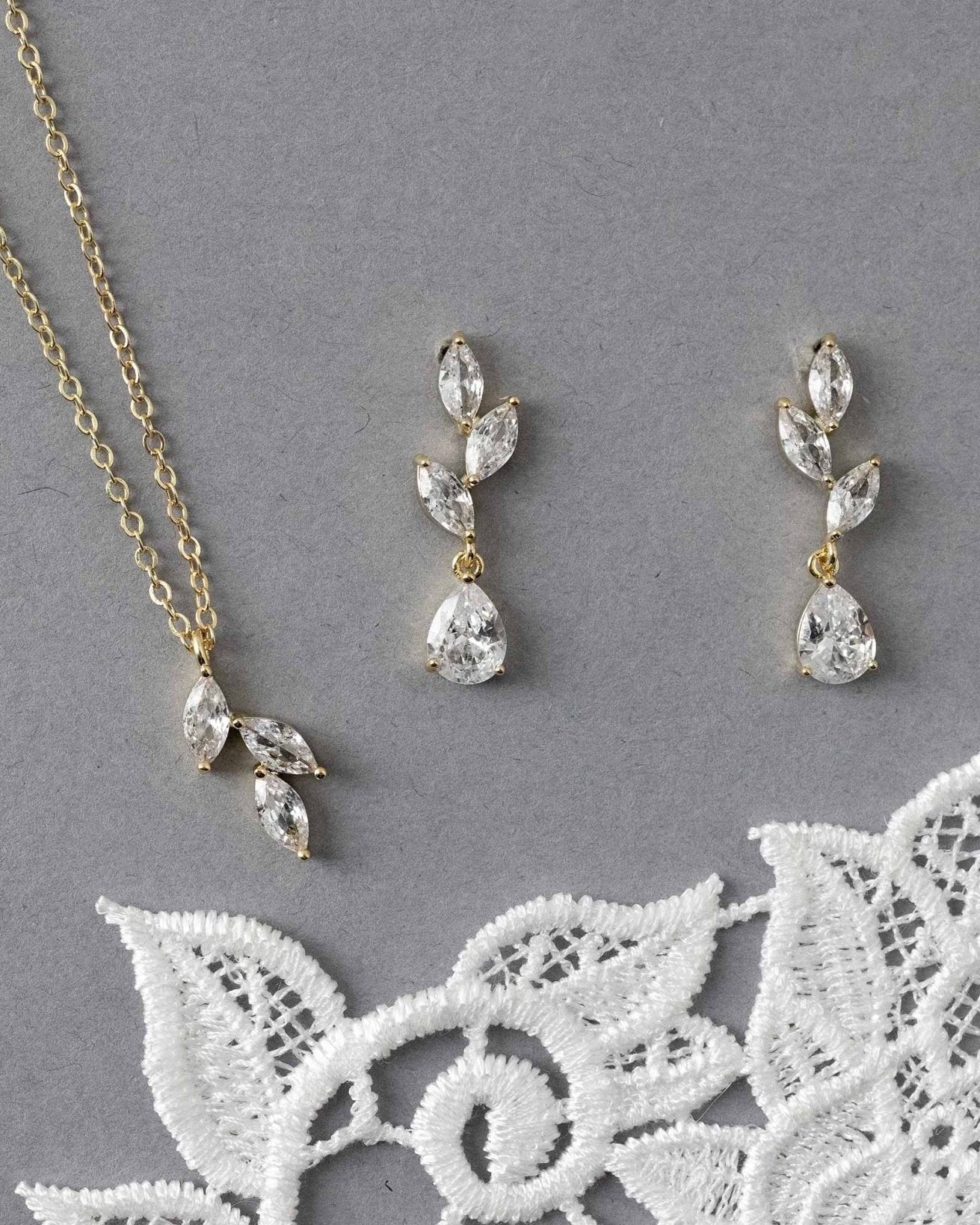 Leaf Pear Drop CZ Pendant & Earrings - Earrings - Cassandra Lynne