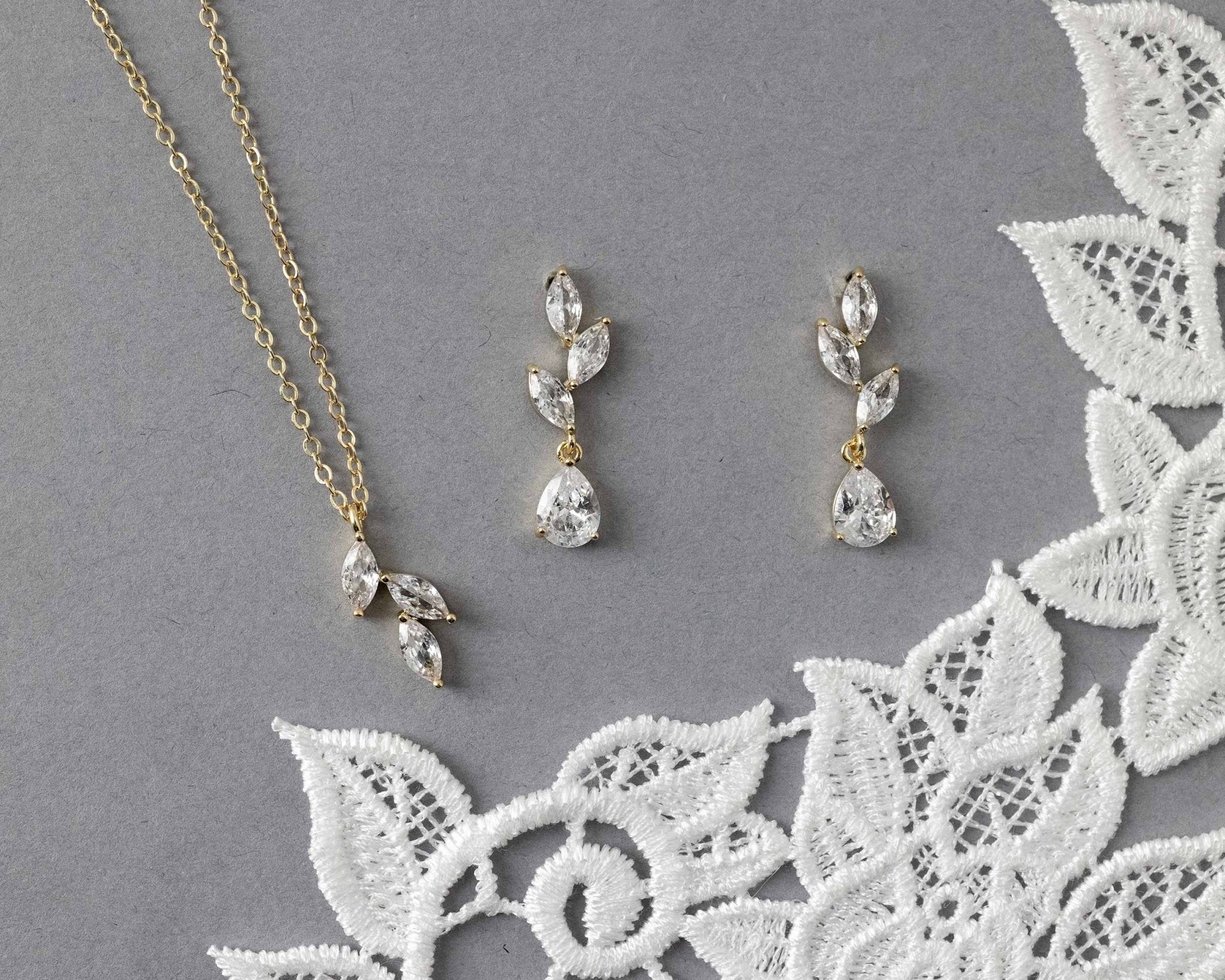 Leaf Pear Drop CZ Pendant & Earrings - Earrings - Cassandra Lynne