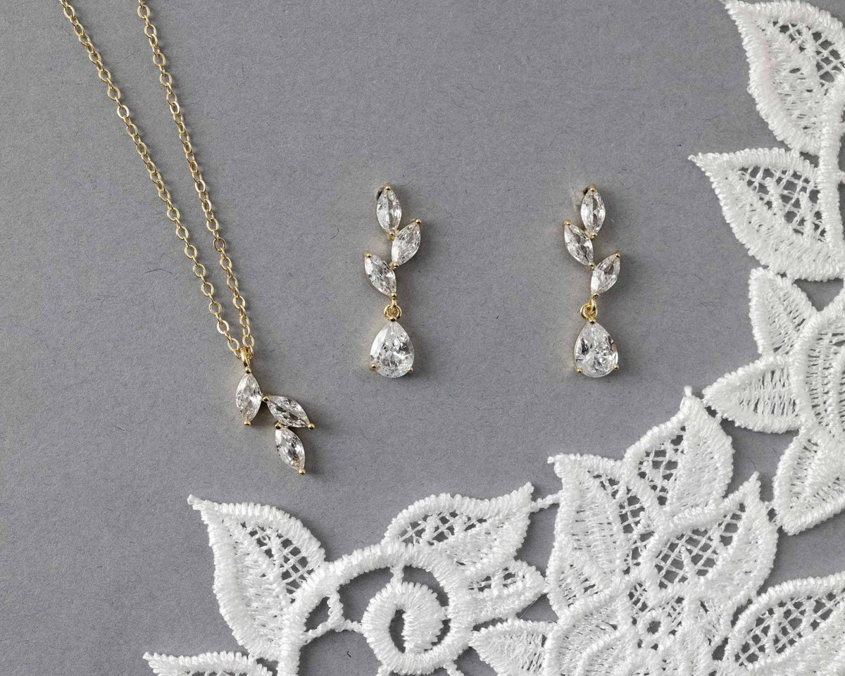 Leaf Pear Drop CZ Pendant & Earrings - Earrings - Cassandra Lynne