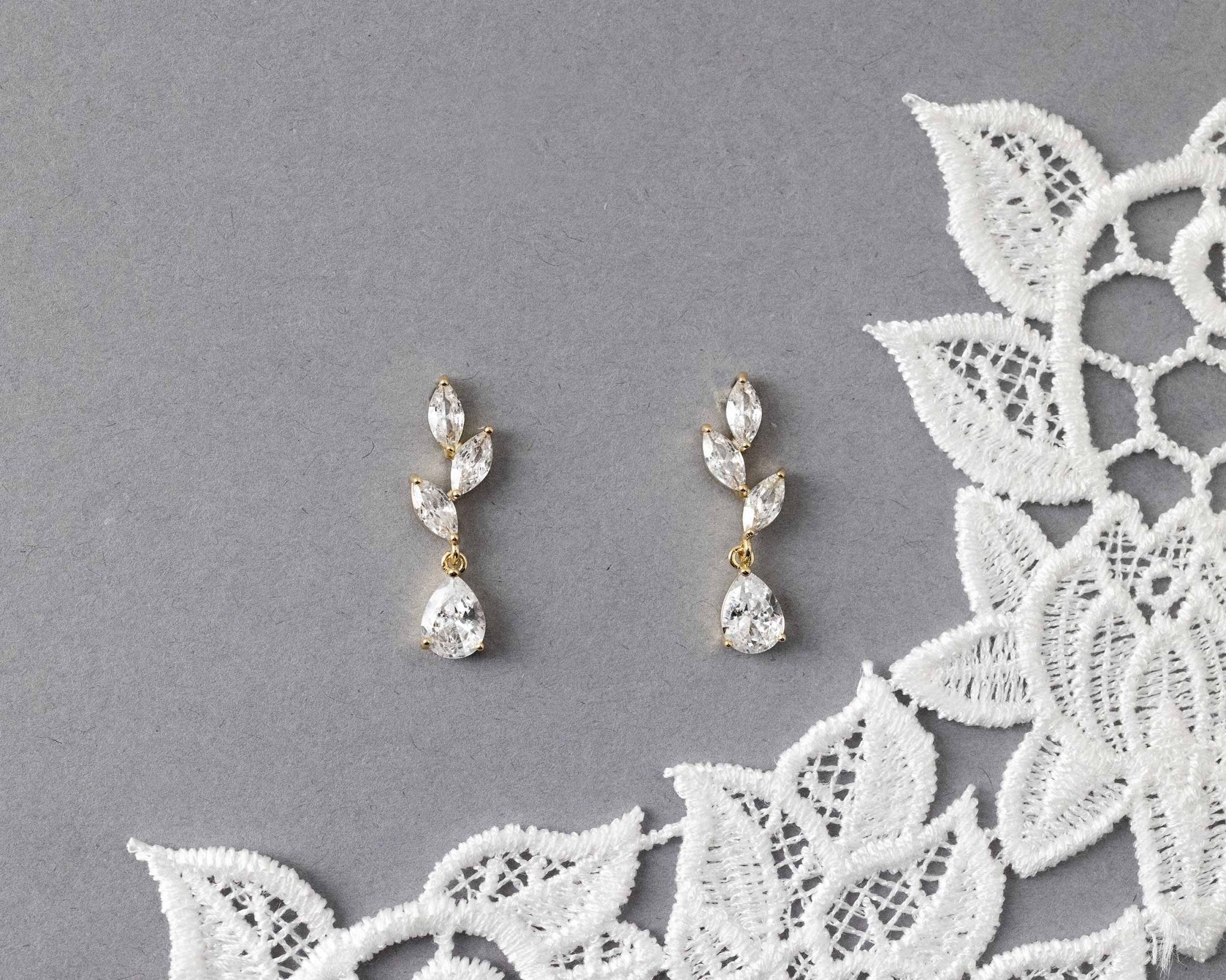 Leaf Pear Drop CZ Pendant & Earrings - Earrings - Cassandra Lynne