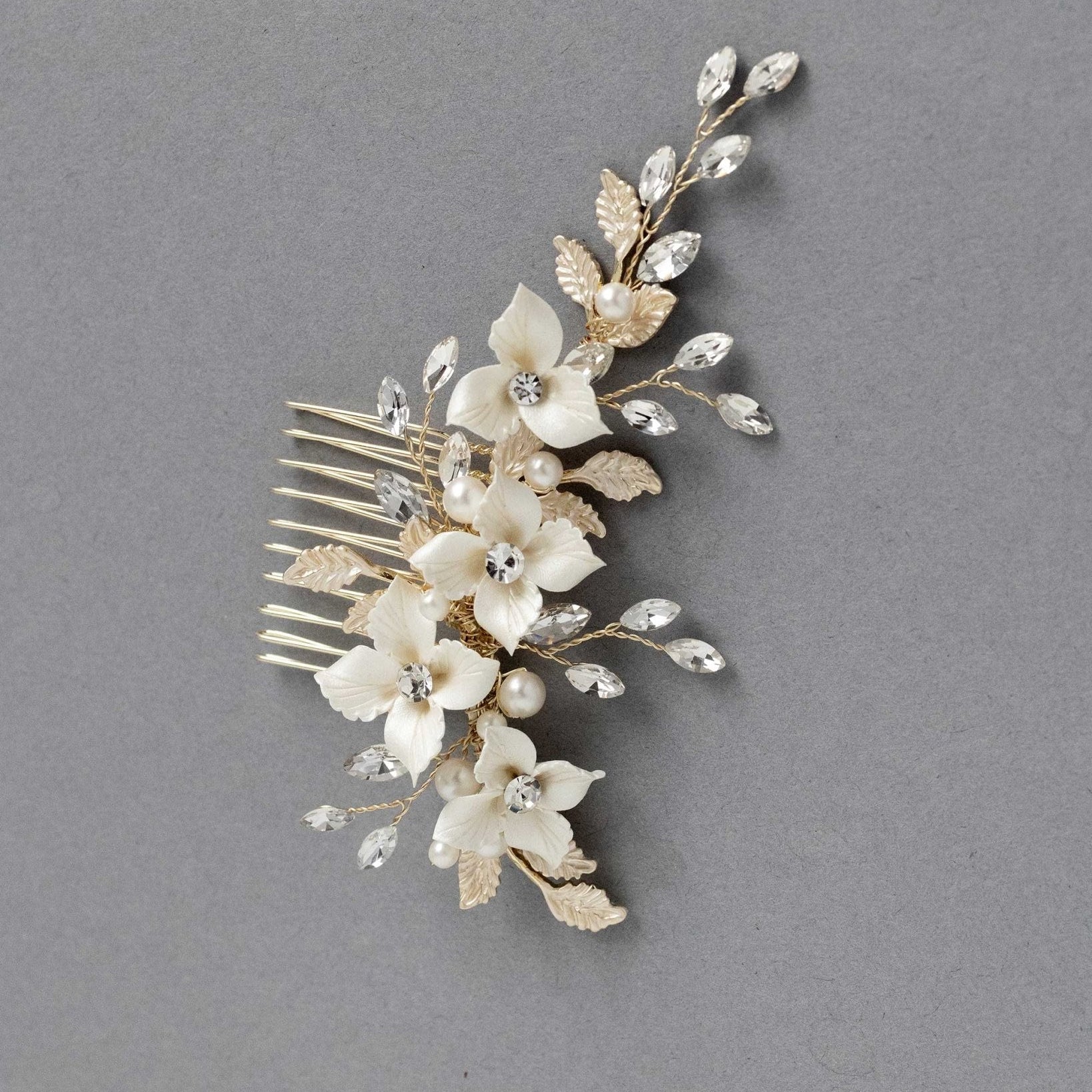Leafy Bridal Hair Comb with Porcelain Flowers - Hair Combs - Cassandra Lynne