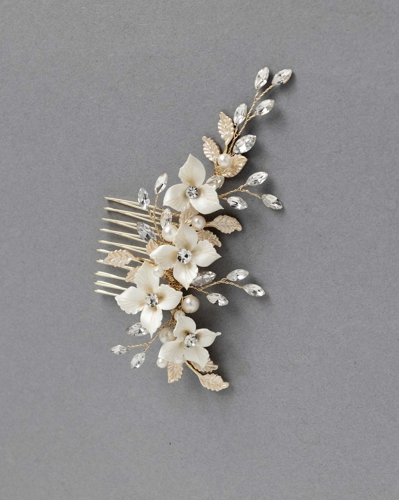 Leafy Bridal Hair Comb with Porcelain Flowers - Hair Combs - Cassandra Lynne