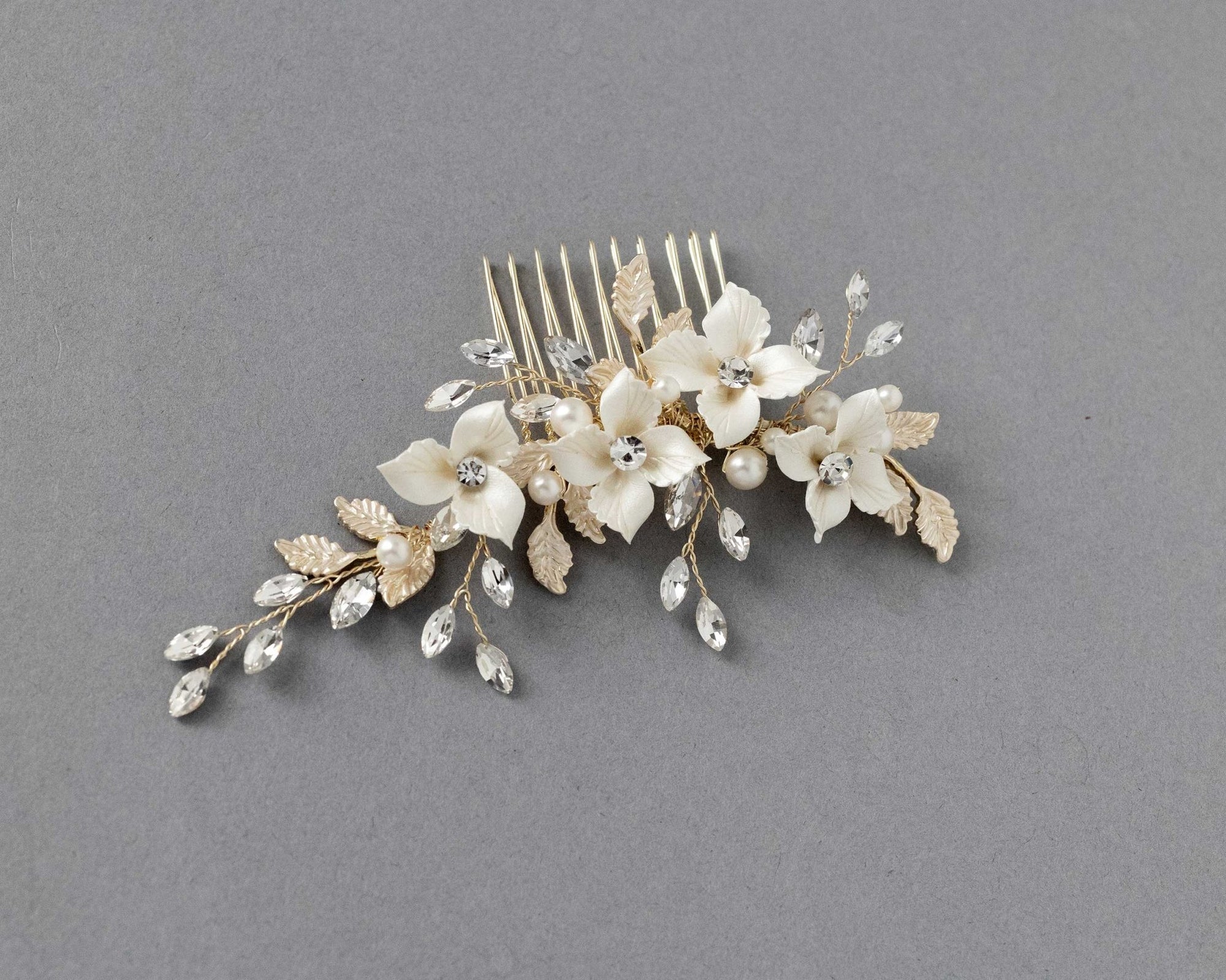 Leafy Bridal Hair Comb with Porcelain Flowers - Hair Combs - Cassandra Lynne