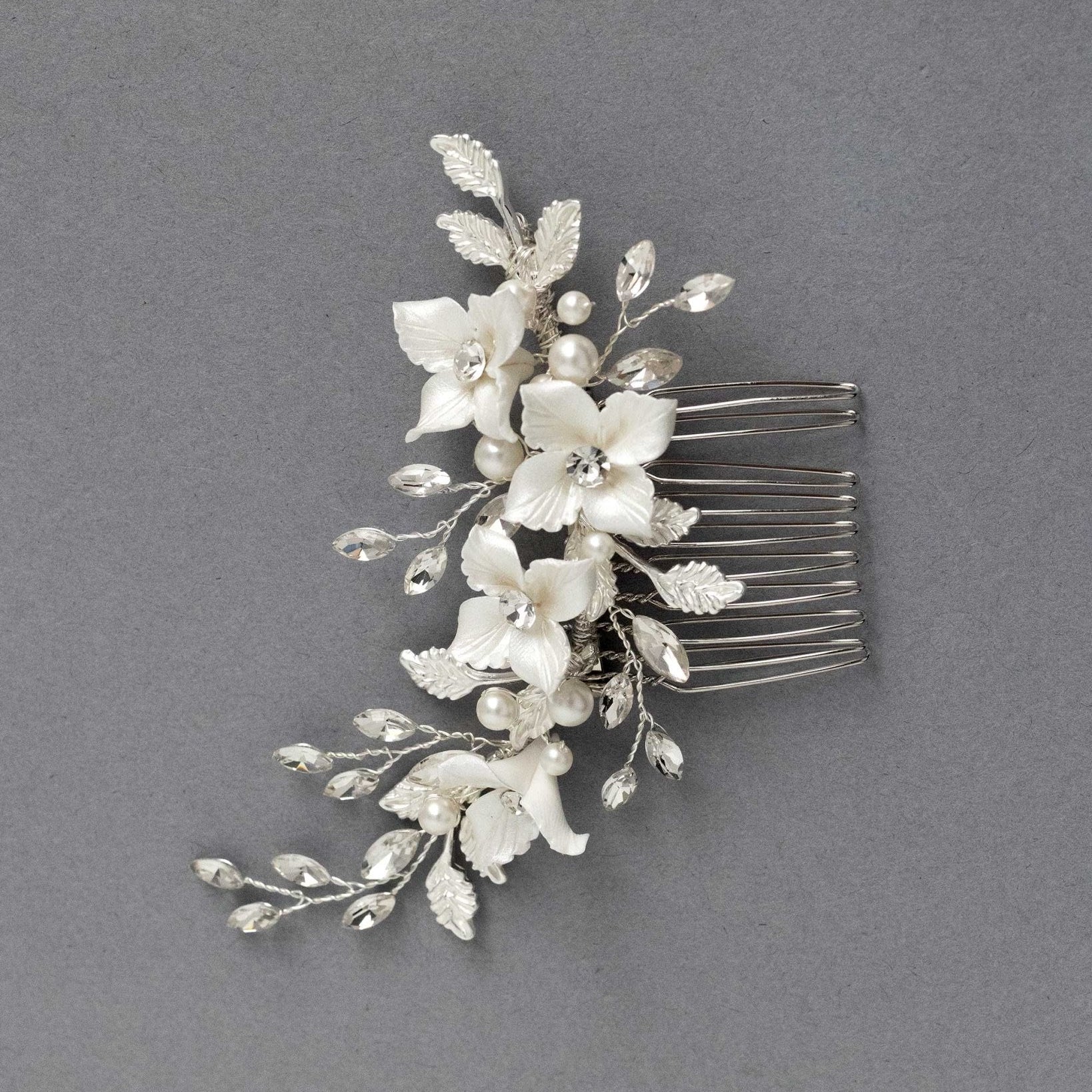 Leafy Bridal Hair Comb with Porcelain Flowers - Hair Combs - Cassandra Lynne