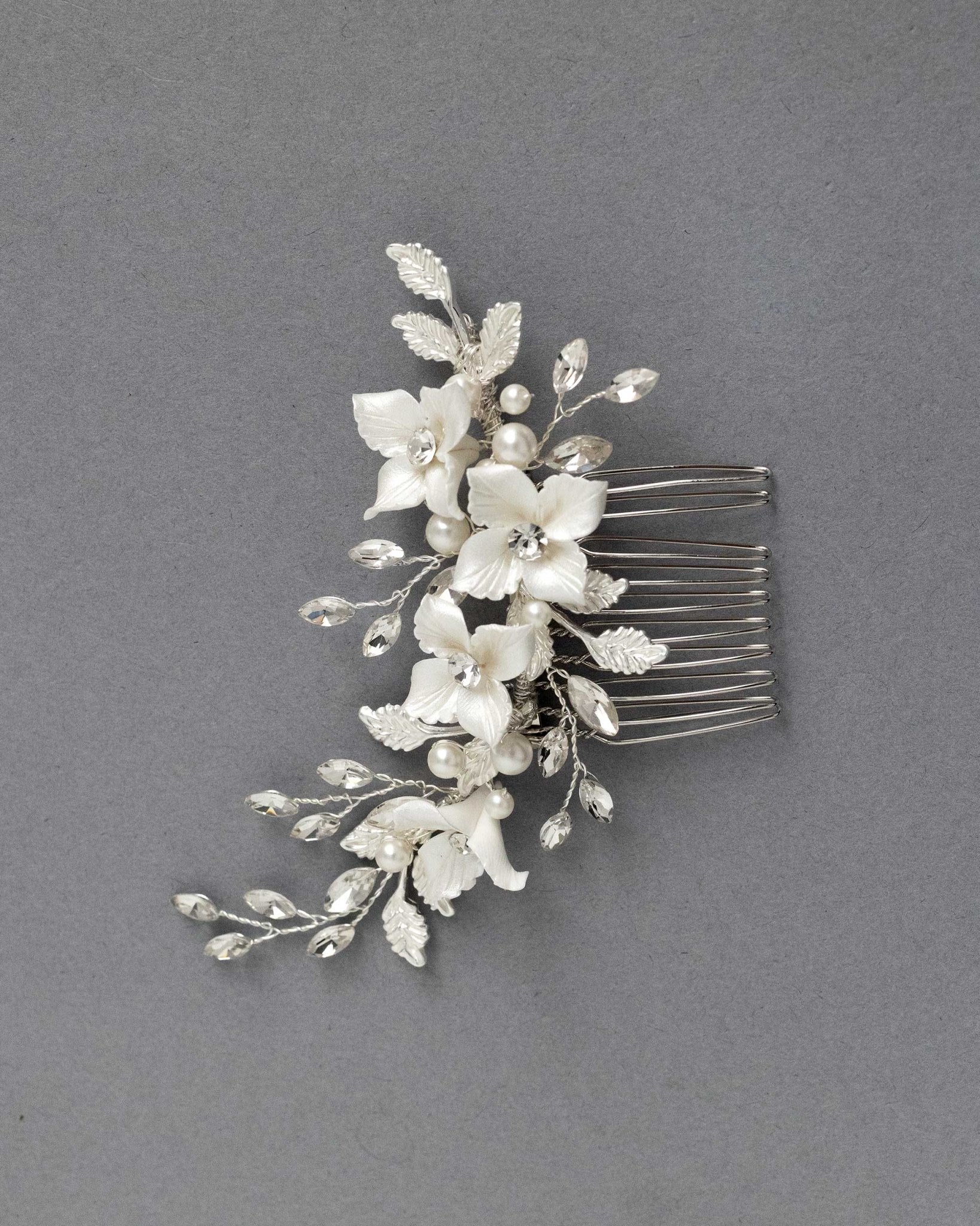 Leafy Bridal Hair Comb with Porcelain Flowers - Hair Combs - Cassandra Lynne