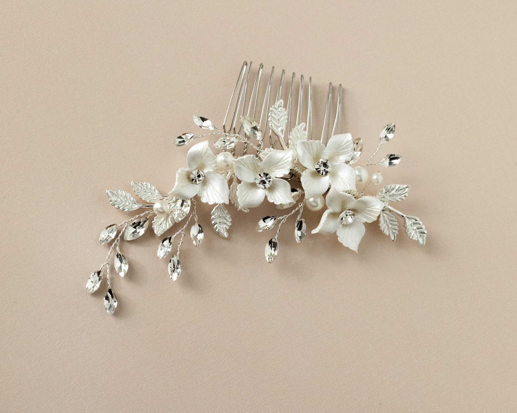 Leafy Bridal Hair Comb with Porcelain Flowers - Hair Combs - Cassandra Lynne