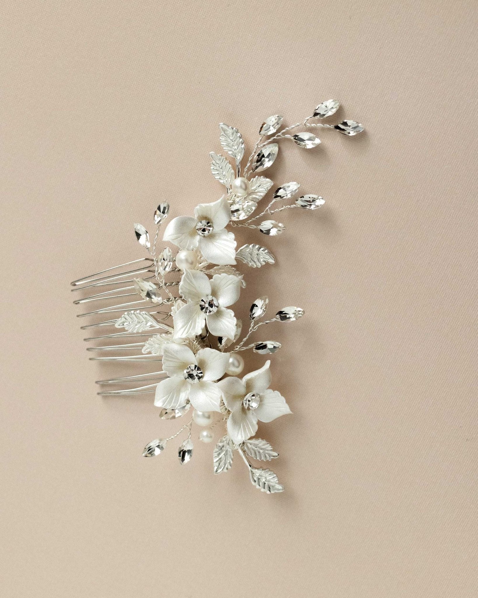 Leafy Bridal Hair Comb with Porcelain Flowers - Hair Combs - Cassandra Lynne