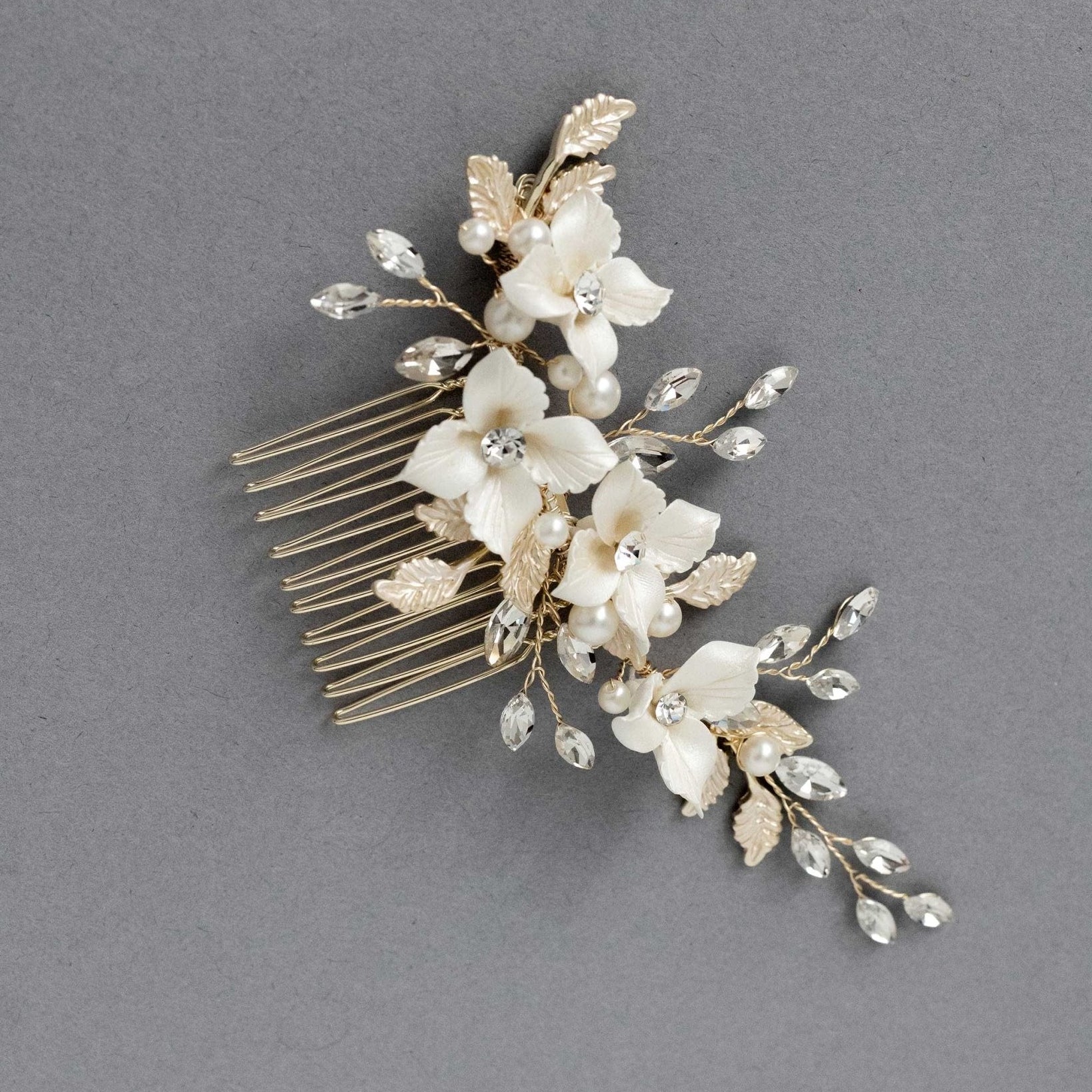 Leafy Bridal Hair Comb with Porcelain Flowers - Hair Combs - Cassandra Lynne