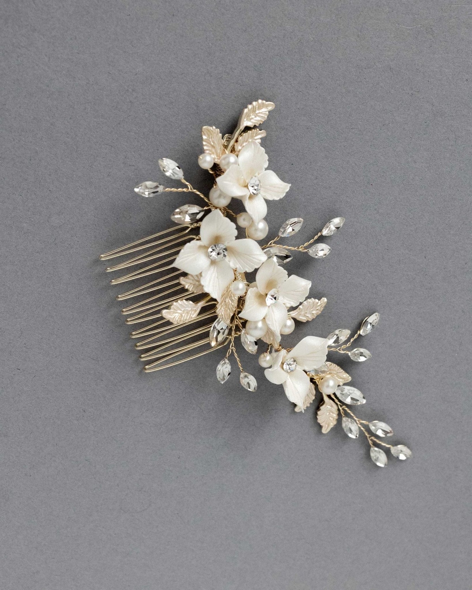 Leafy Bridal Hair Comb with Porcelain Flowers - Hair Combs - Cassandra Lynne