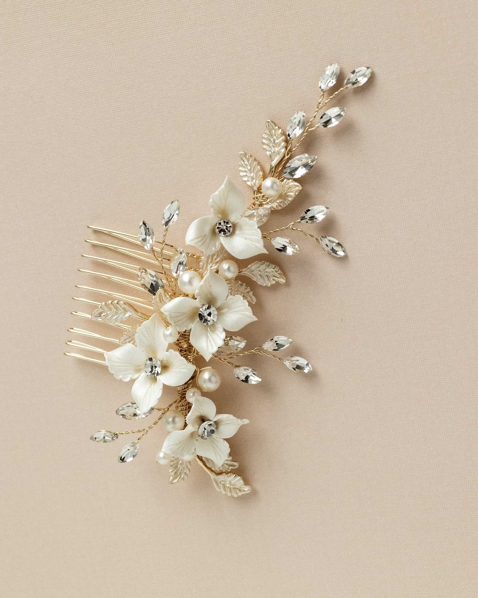 Leafy Bridal Hair Comb with Porcelain Flowers - Hair Combs - Cassandra Lynne