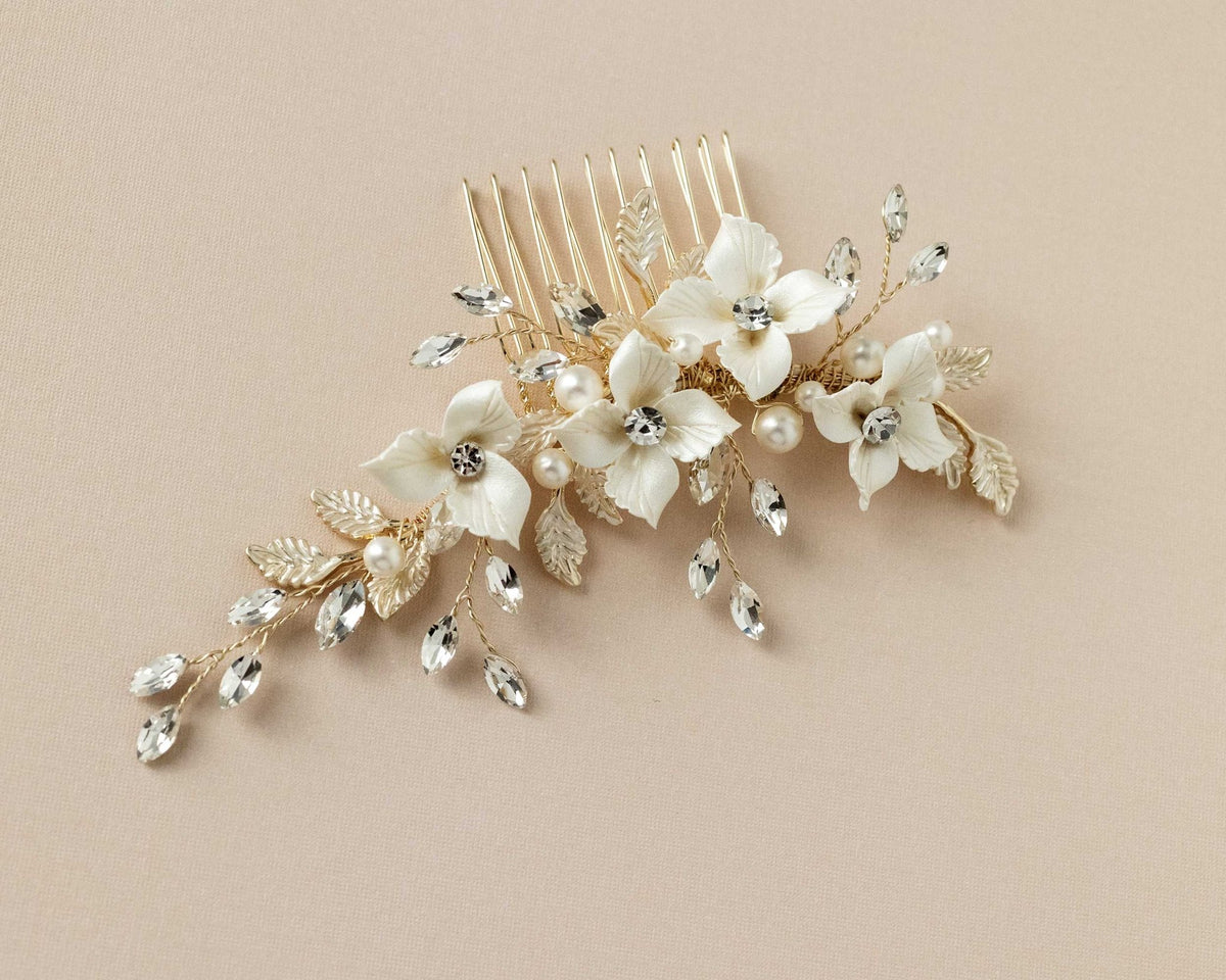 Leafy Bridal Hair Comb with Porcelain Flowers - Hair Combs - Cassandra Lynne