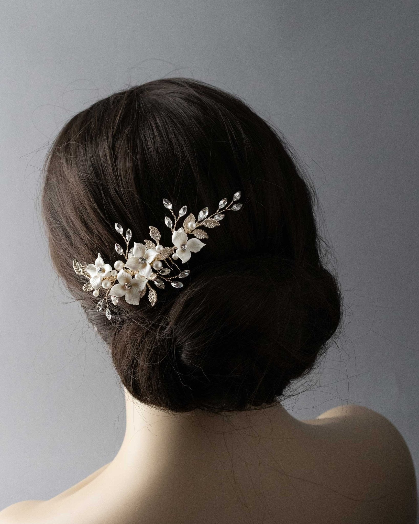 Leafy Bridal Hair Comb with Porcelain Flowers - Hair Combs - Cassandra Lynne
