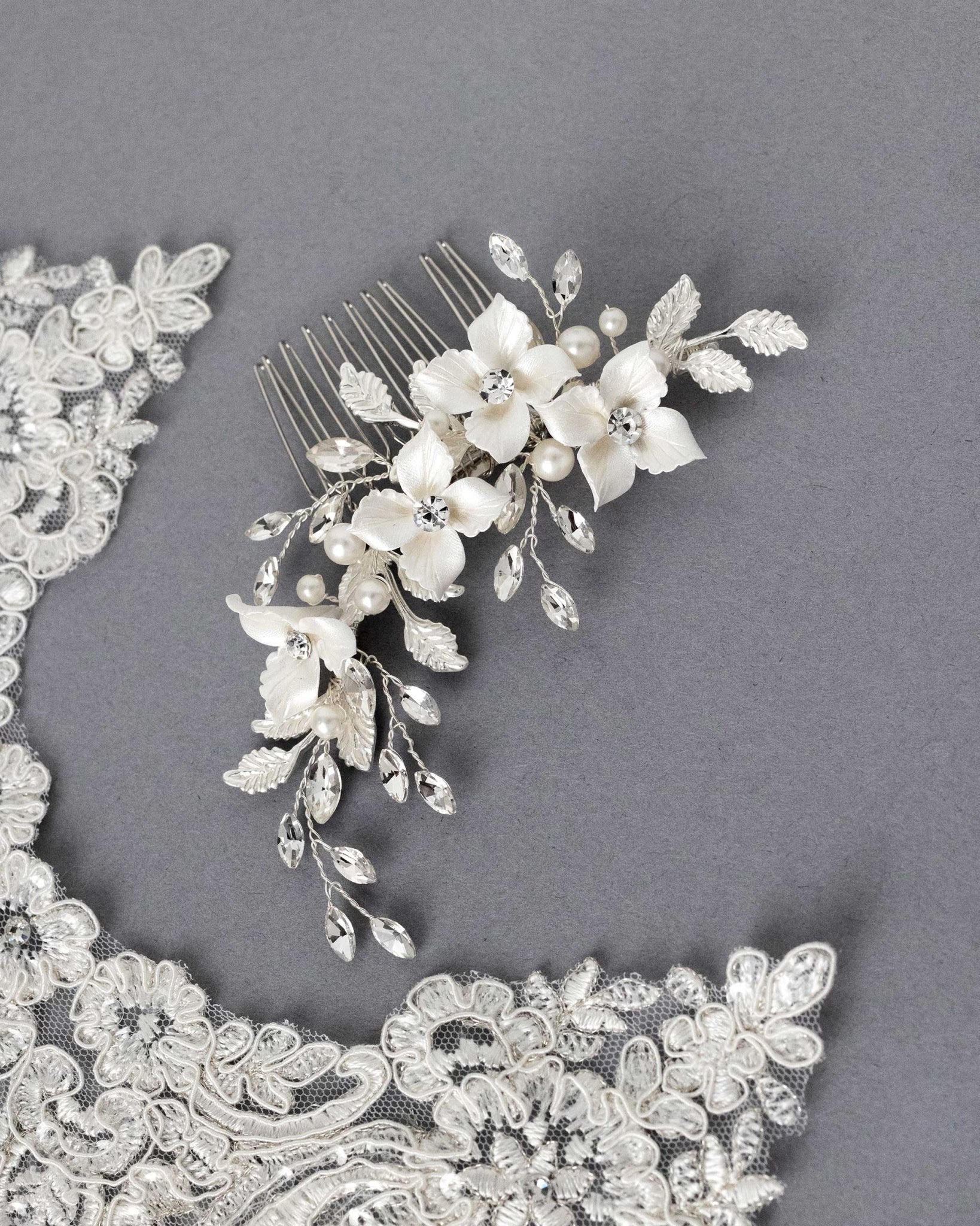 Leafy Bridal Hair Comb with Porcelain Flowers - Hair Combs - Cassandra Lynne
