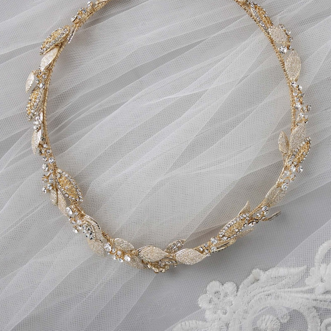 Light Gold Bridal Headband with Shimmer Leaves - Headband - Cassandra Lynne