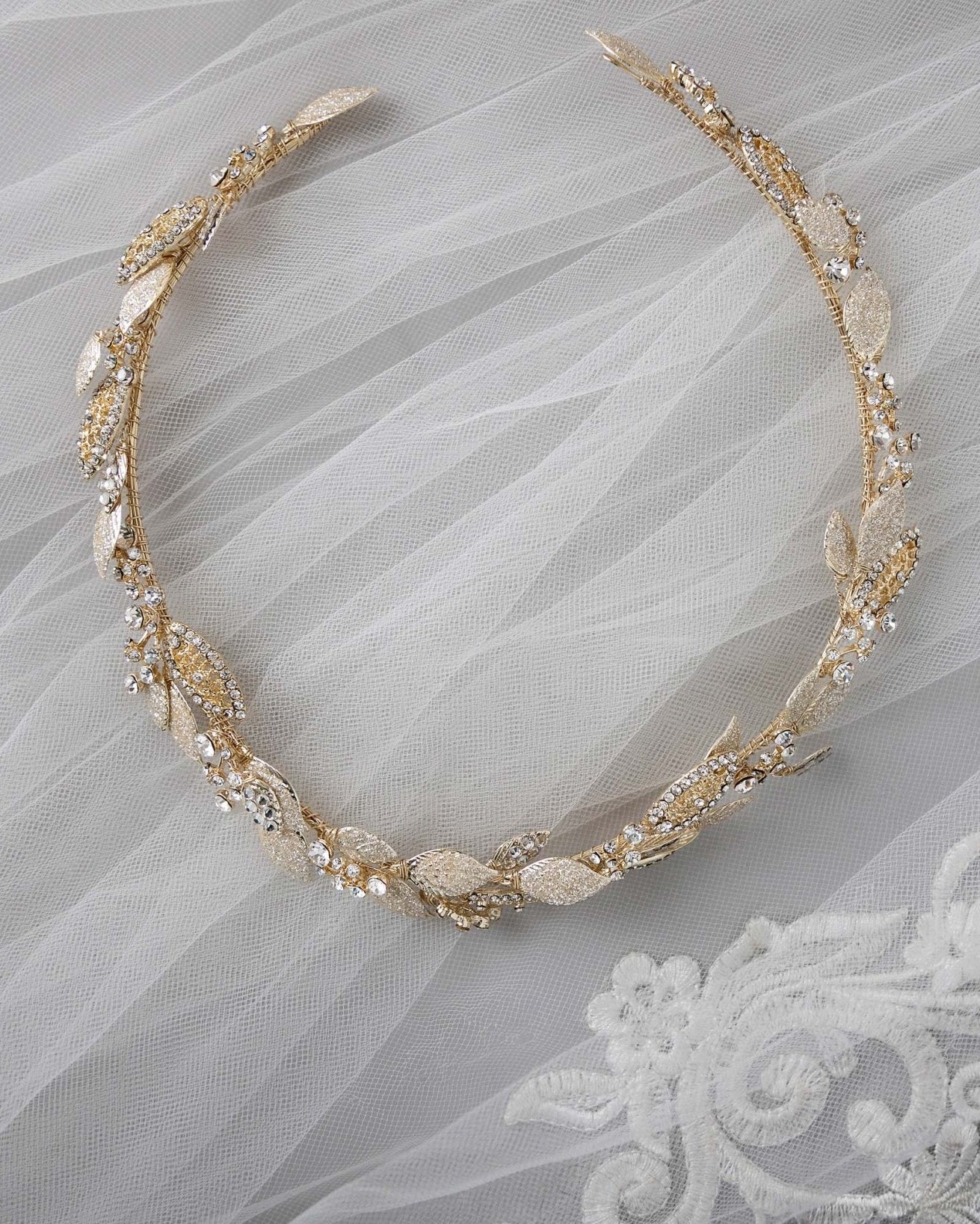 Light Gold Bridal Headband with Shimmer Leaves - Headband - Cassandra Lynne
